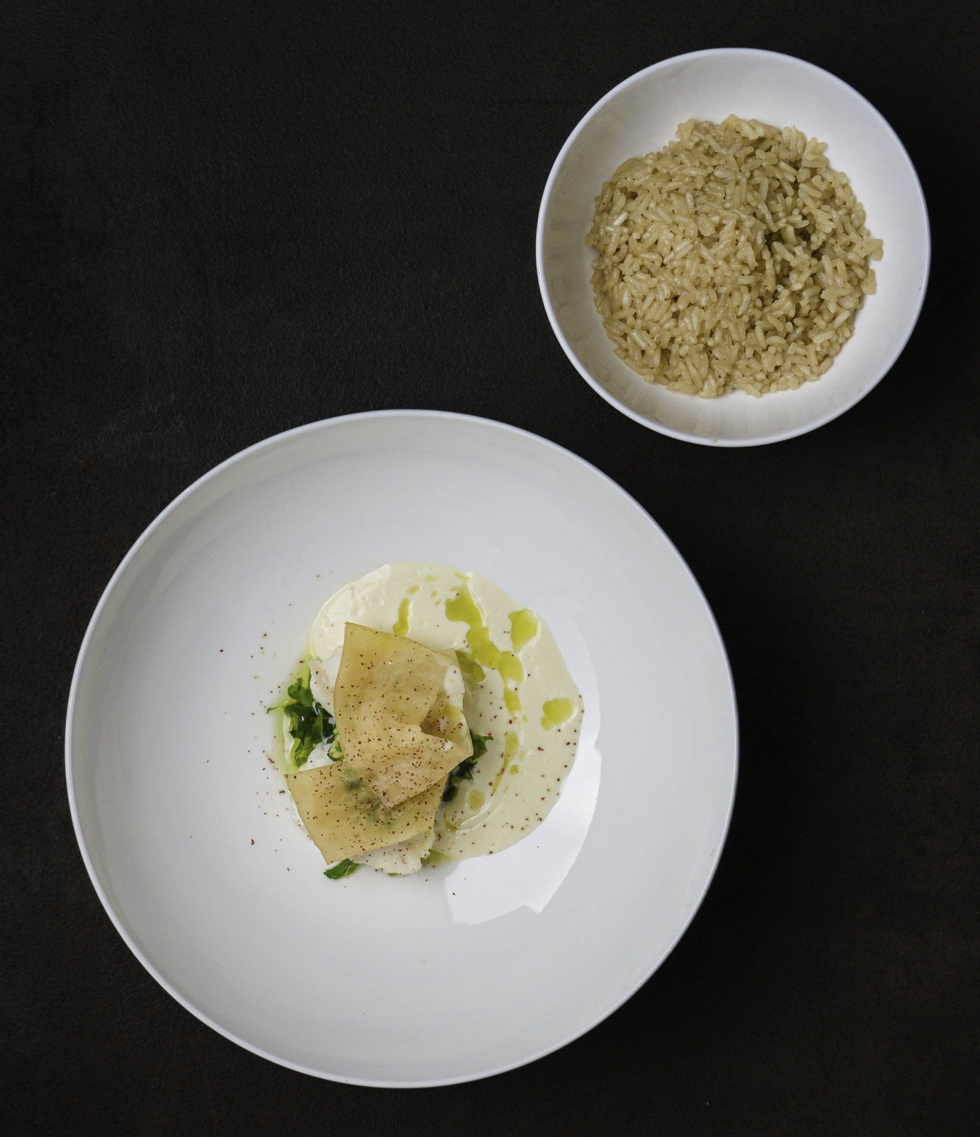 Sam Low’s dish of blue cod with ginger and spring onion, served with daikon braised in dashi, sea lettuce, soy milk emulsion, and grains cooked in oolong tea and dashi. Photo: MasterChef