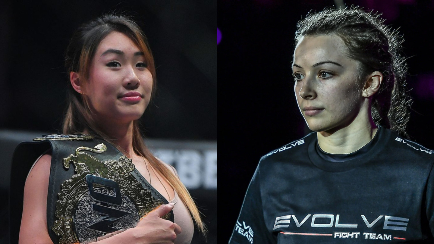 Angela Lee (left) poses with her belt in the ONE Circle, Danielle Kelly walks out for grappling match with Mei Yamaguchi. Photos: ONE Championship.