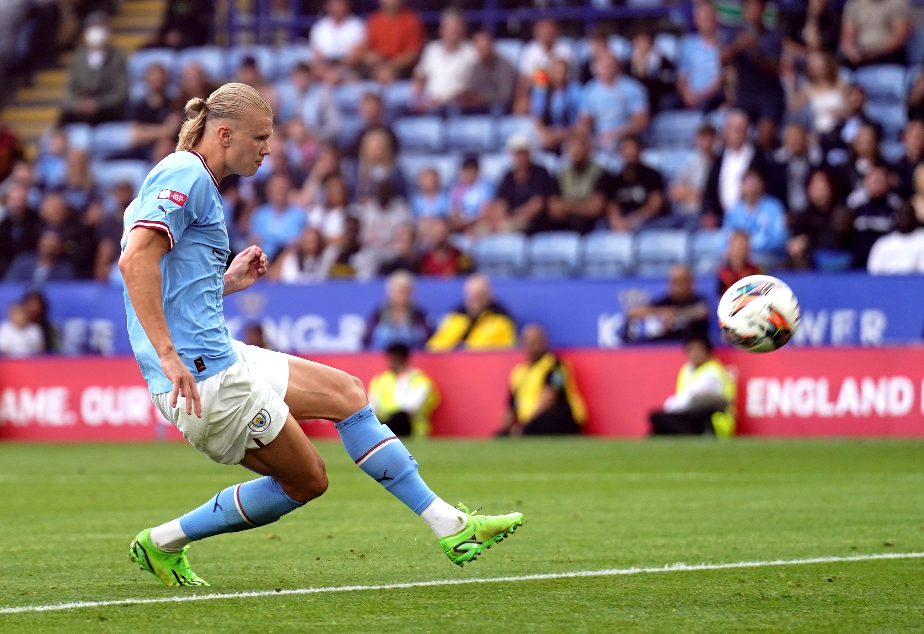 Manchester City’s Erling Haaland attempts a shot on goal during the Community Shield game against Liverpool. Photo: DPA