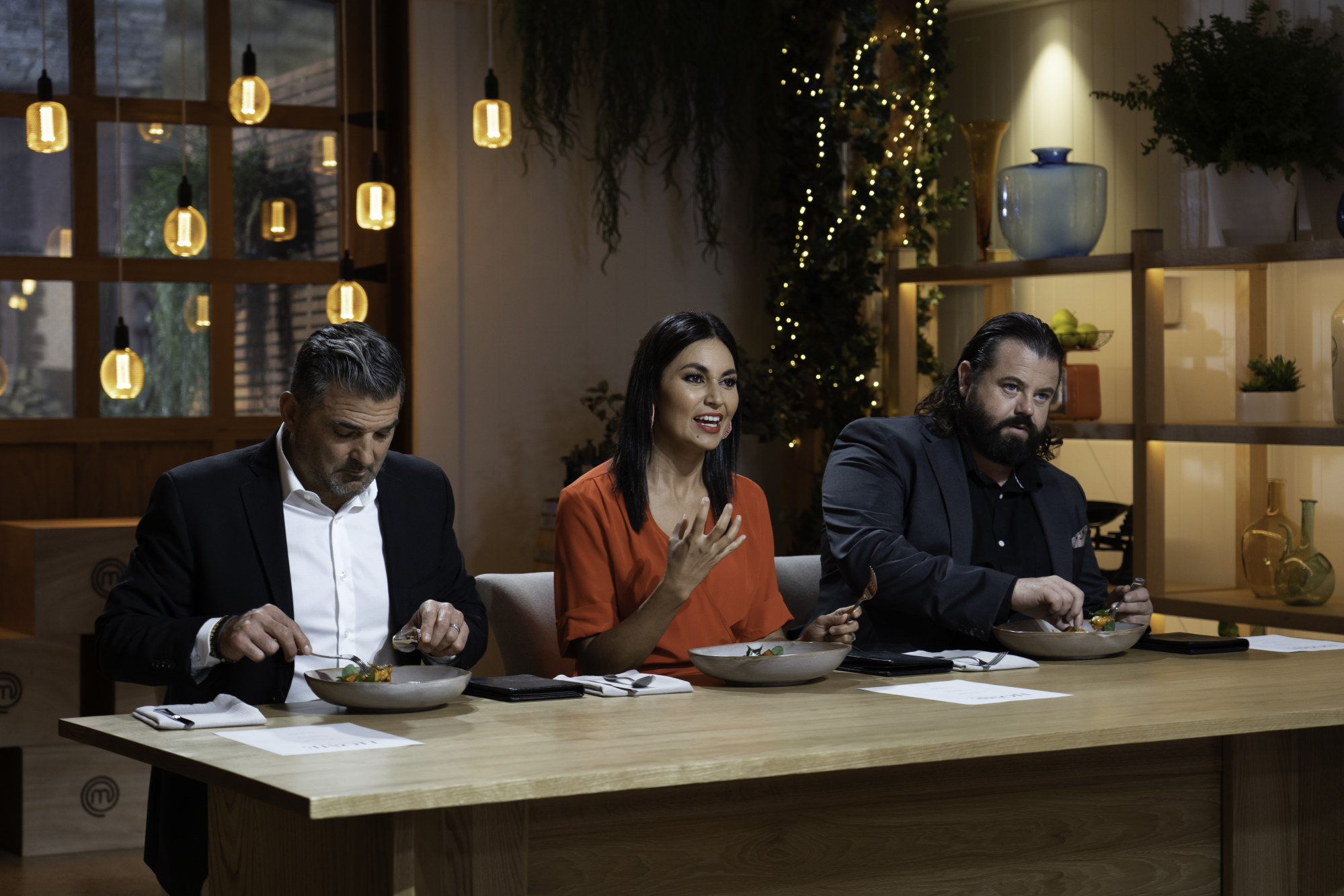 Judges Michael Dearth (left), Nadia Lim and Vaughan Mabee during the grand finale mains tasting, on MasterChef New Zealand 2022. Photo: MasterChef