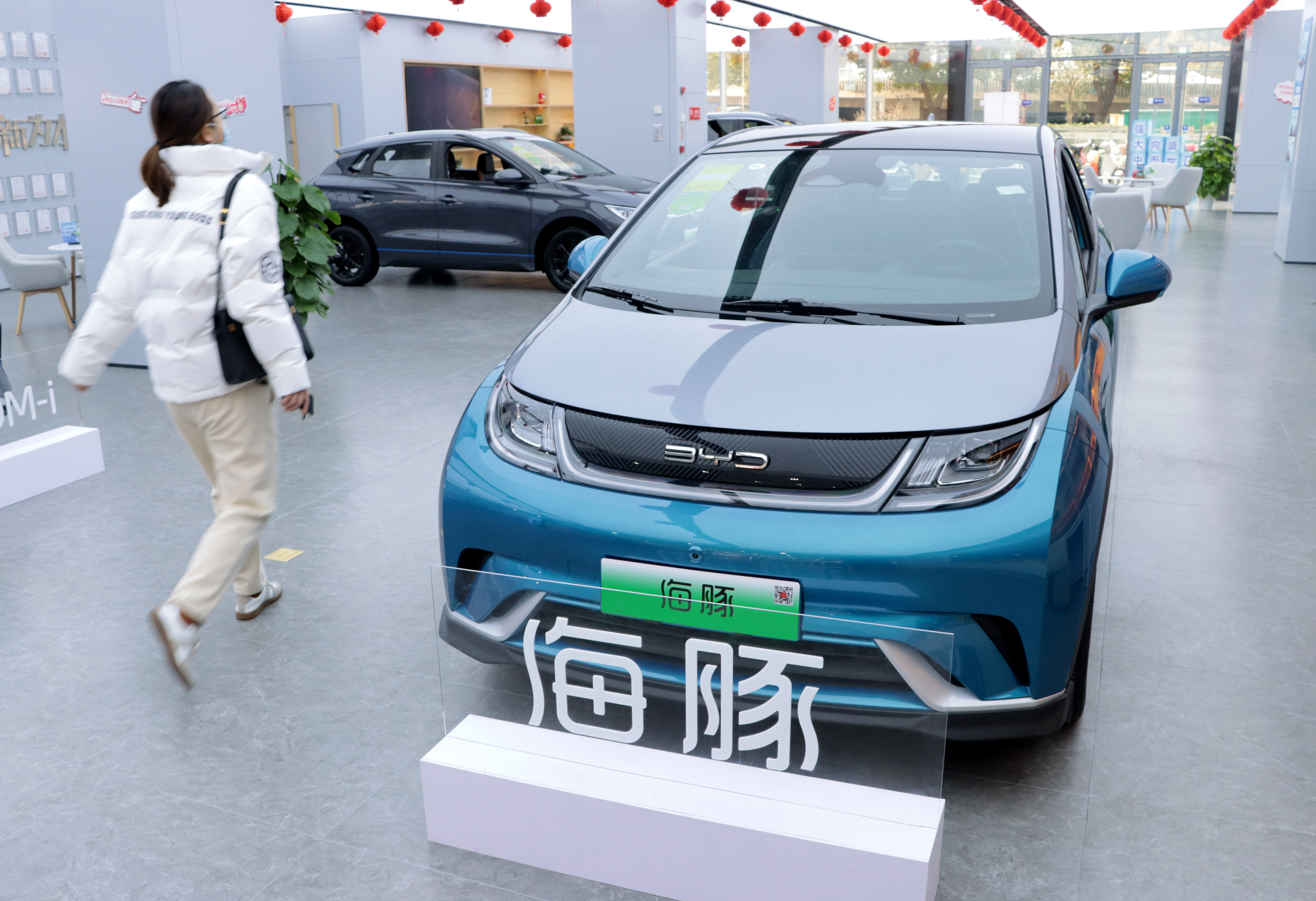 A “BYD Dolphin” electric vehicle displayed at a store in China. Photo: VCG via Getty Images