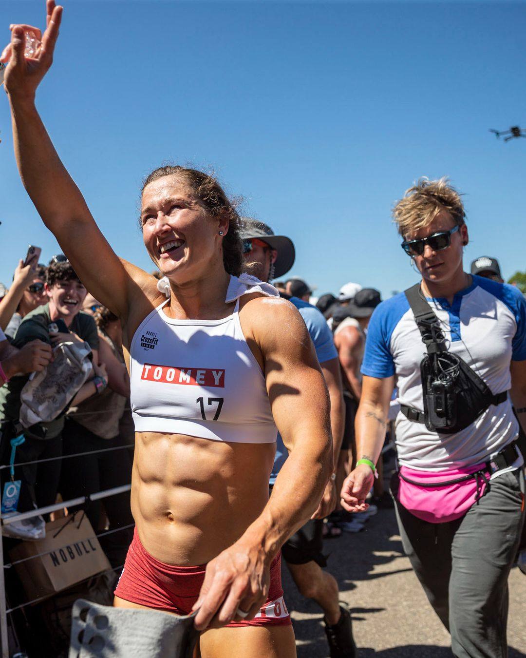 Tia-Clair Toomey waves to the fans at the 2022 CrossFit Games on day 3. Photo: CrossFit Games