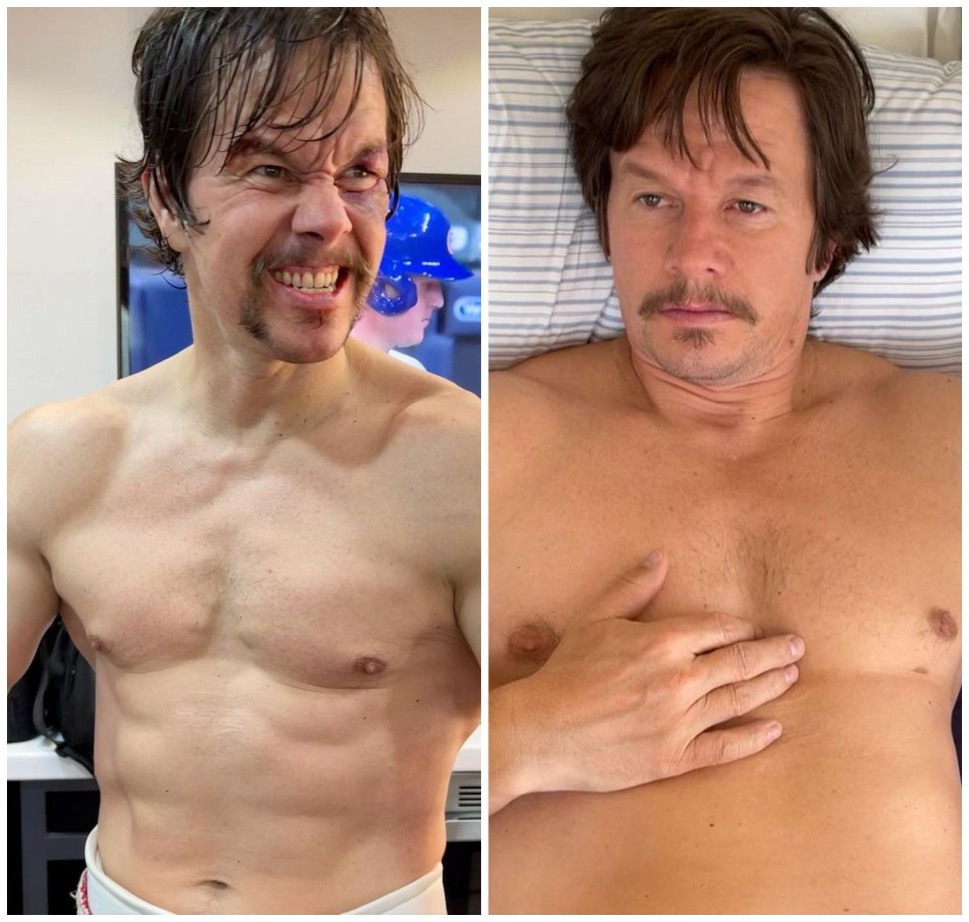 Mark Wahlberg is known for his fit physique, but gained a load of weight for his role in Father Stu. Photos: @markwahlberg/Instagram