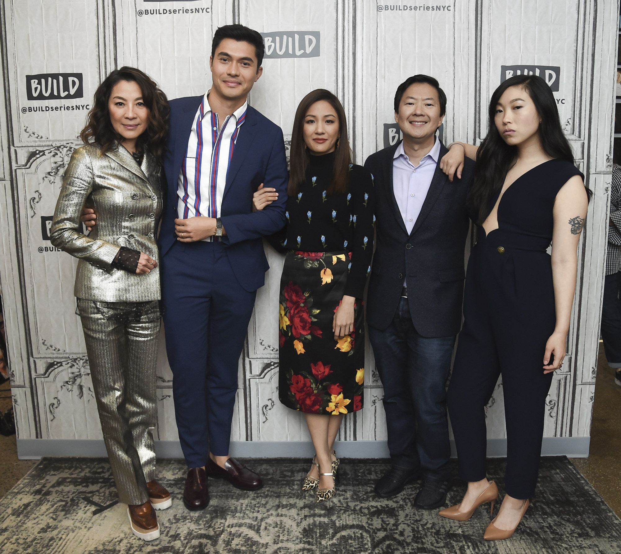 From left: Crazy Rich Asians actors Michelle Yeoh, Henry Golding, Constance Wu, Ken Jeong and Awkwafina. Photo: Evan Agostini/Invision/AP