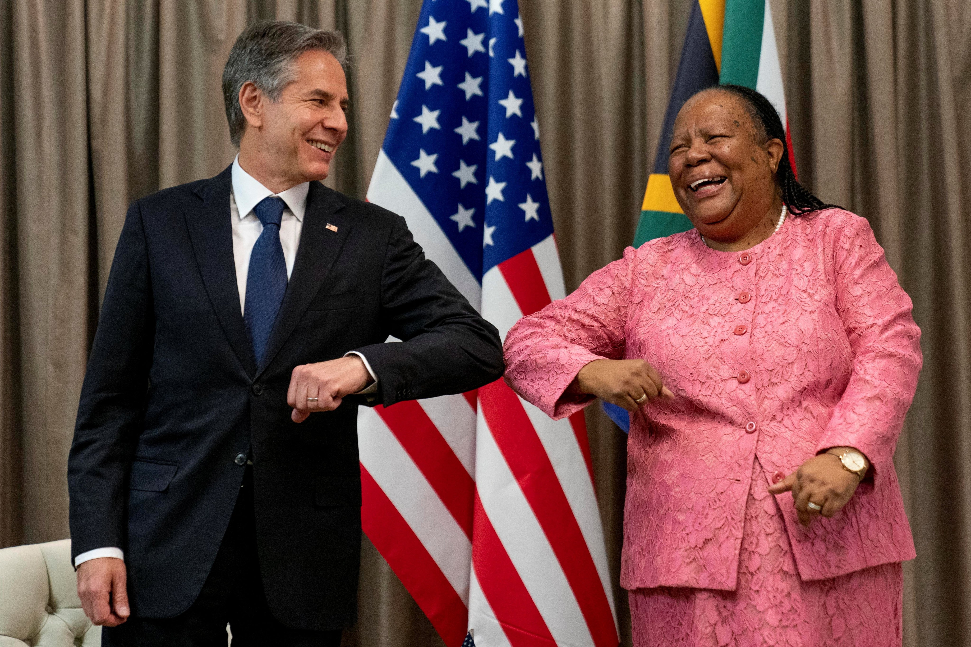 US Secretary of State Antony Blinken is greeted by South African Foreign Minister Naledi Pandor as he arrives for a meeting in Pretoria on Monday. Photo: Reuters