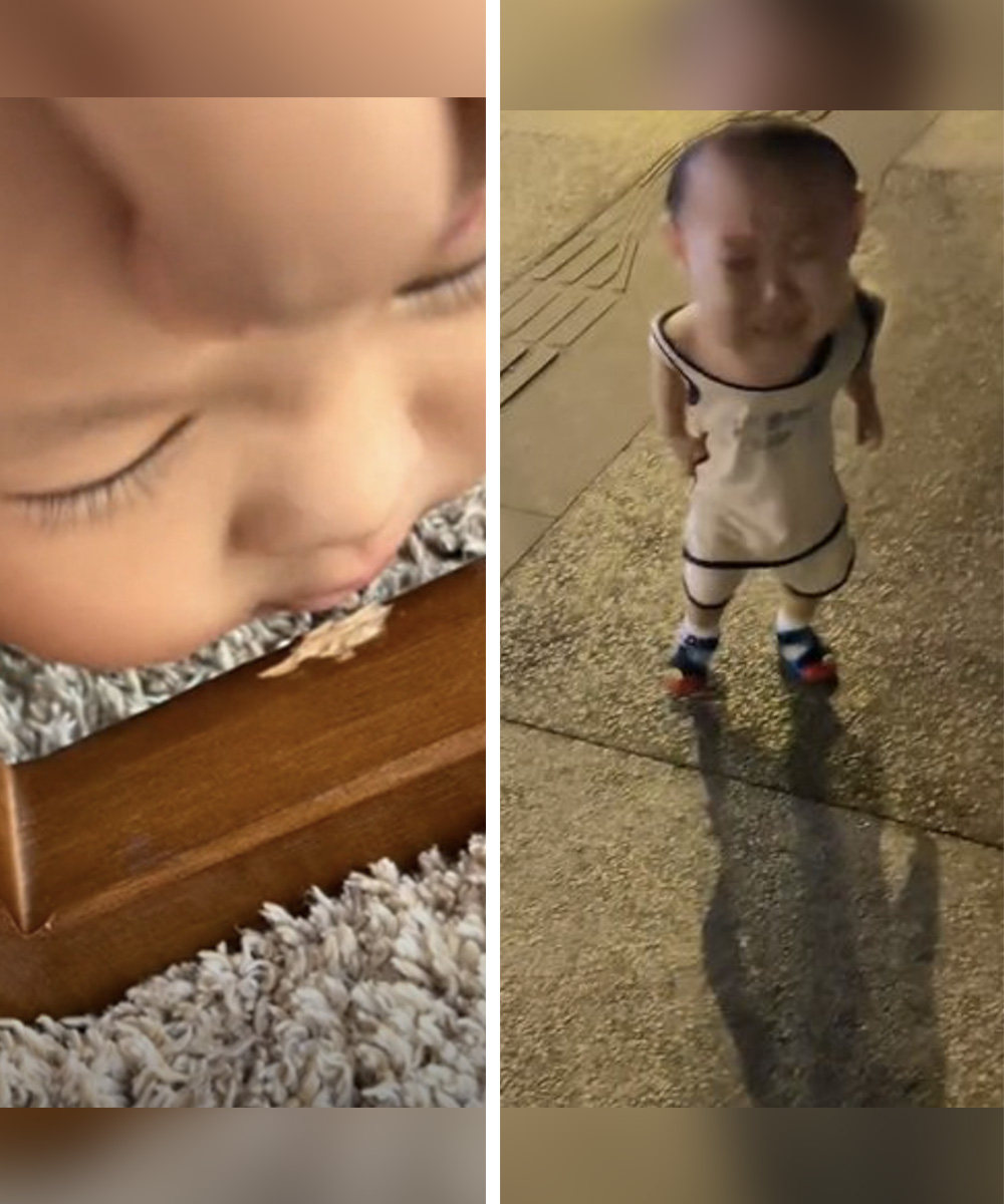 Two viral videos of little boys in China. One baby chewed on a table to ease teething (left) and another boy was scared of his shadow (right). Photo: SCMP composite