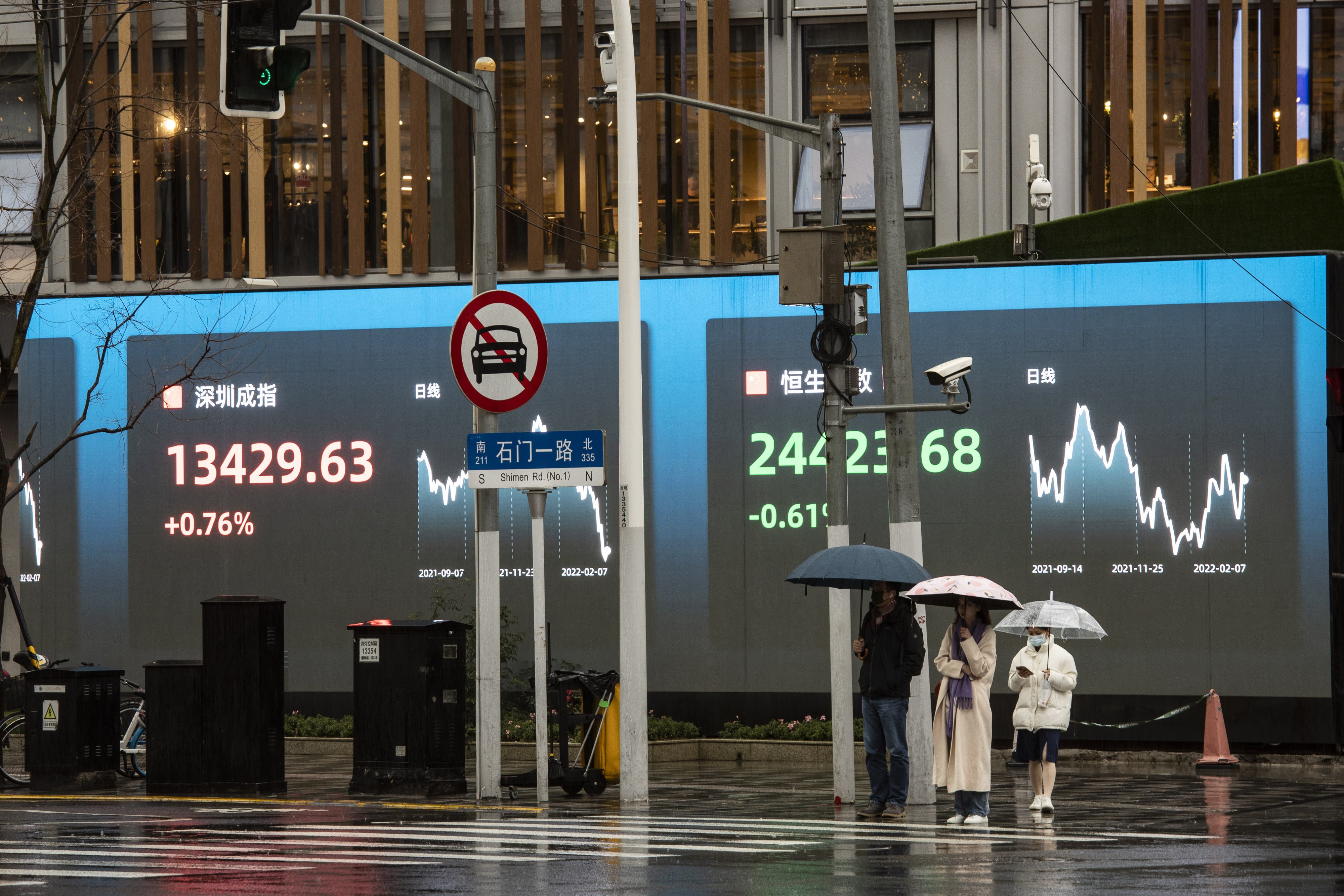 Pedestrians wait to cross a road in front of a public screen displaying stock data in Shanghai in February 2022. Photo: Bloomberg