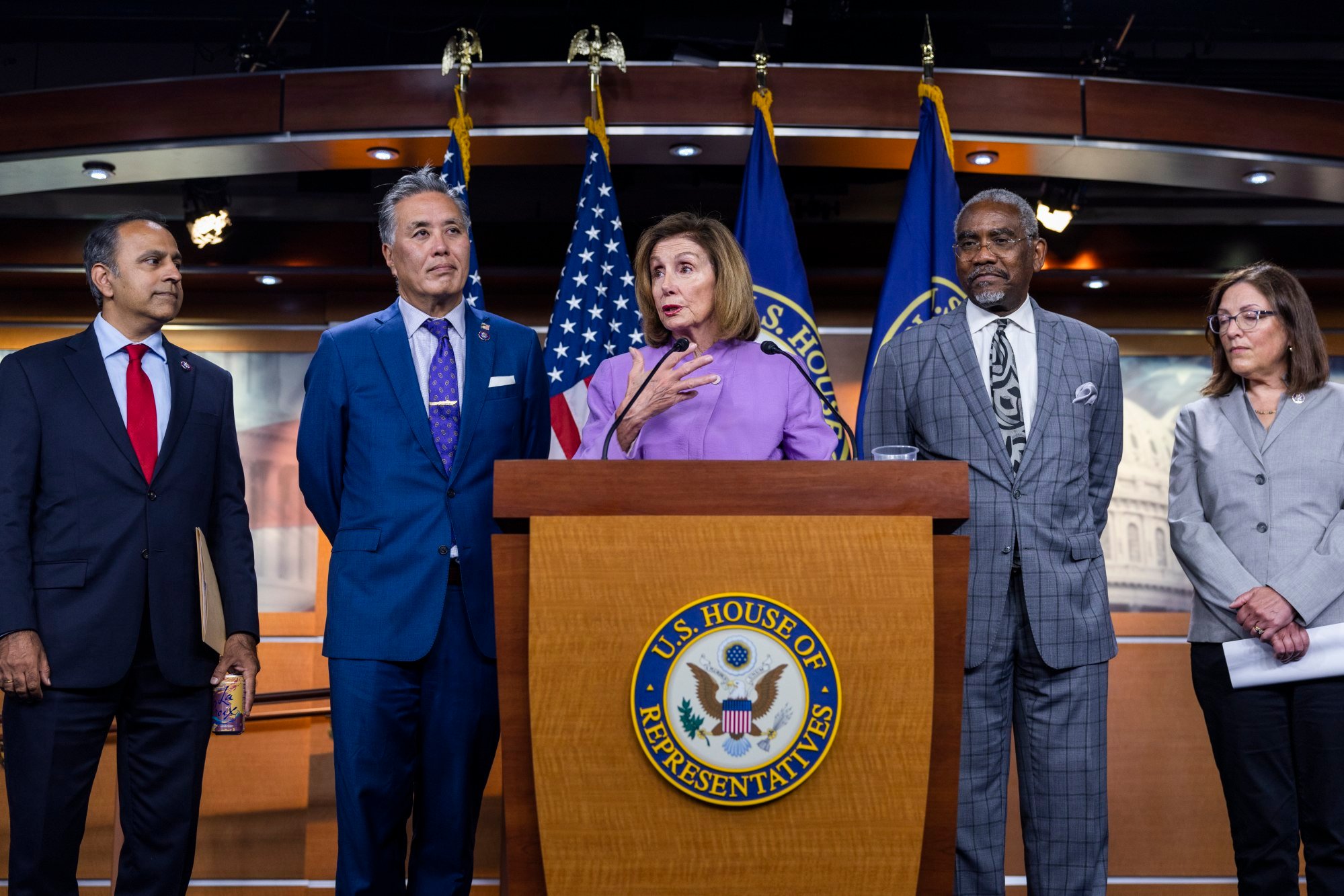 Pelosi and other members of the congressional delegation to Taiwan discussing the trip on Wednesday. Photo: EPA-EFE