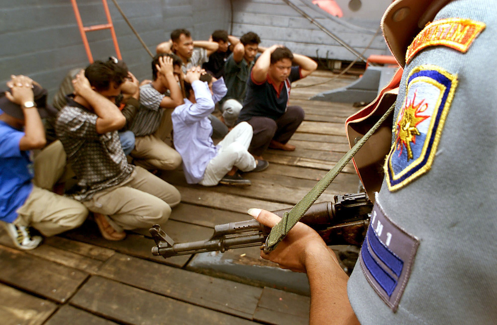 The Indonesian Navy conducts a drill with sailors role-paying as ship hijackers at the Singapore Strait near Batam in 2000. File photo: AP