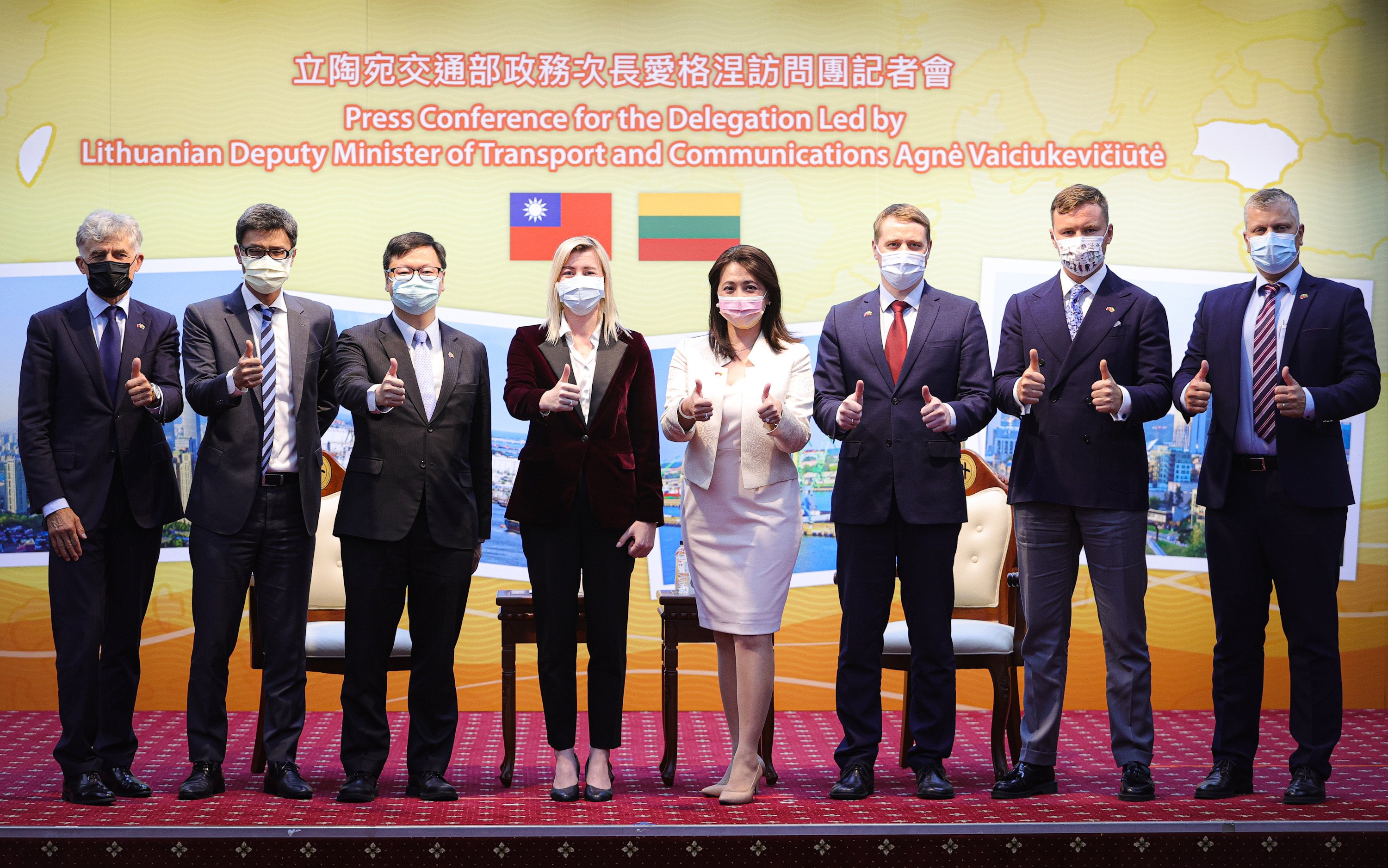 Lithuania’s deputy transport minister Agne Vaiciukeviciute (fourth from left) has been sanctioned by Beijing over her trip to Taiwan this week. Photo: CNA