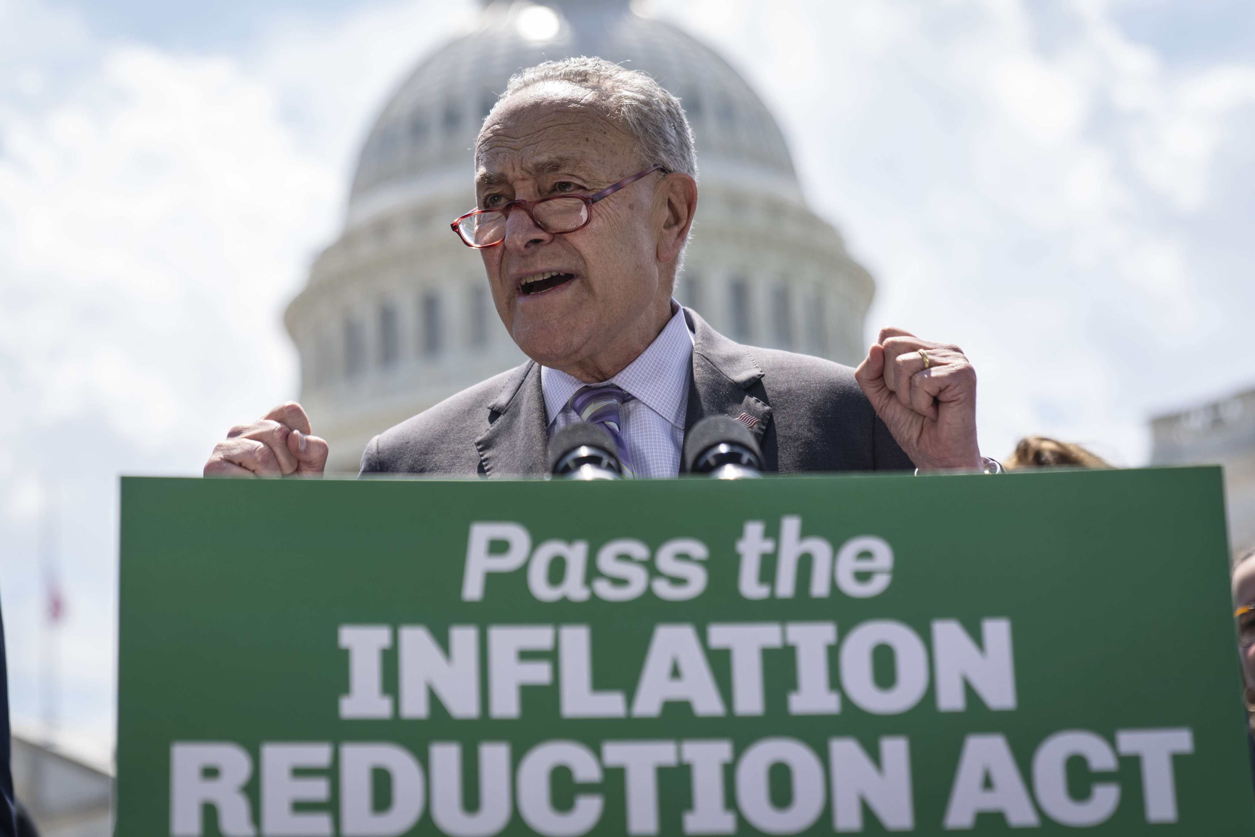 US Senate majority leader Chuck Schumer speaks during a news conference about the Inflation Reduction Act outside the US Capitol in Washington on August 4. Photo: AFP