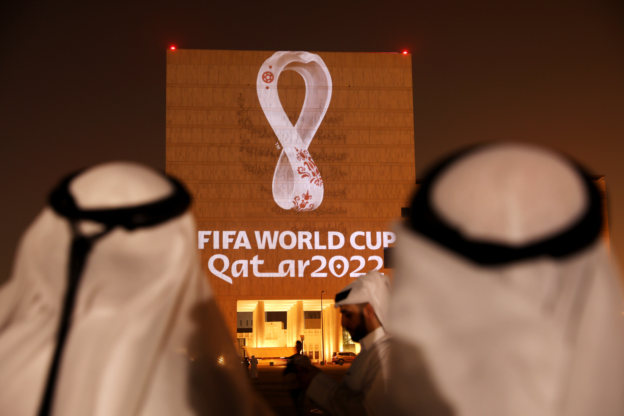 The official emblem of the Fifa World Cup is unveiled at the Qatar National Archive Museum. Photo: Getty Images