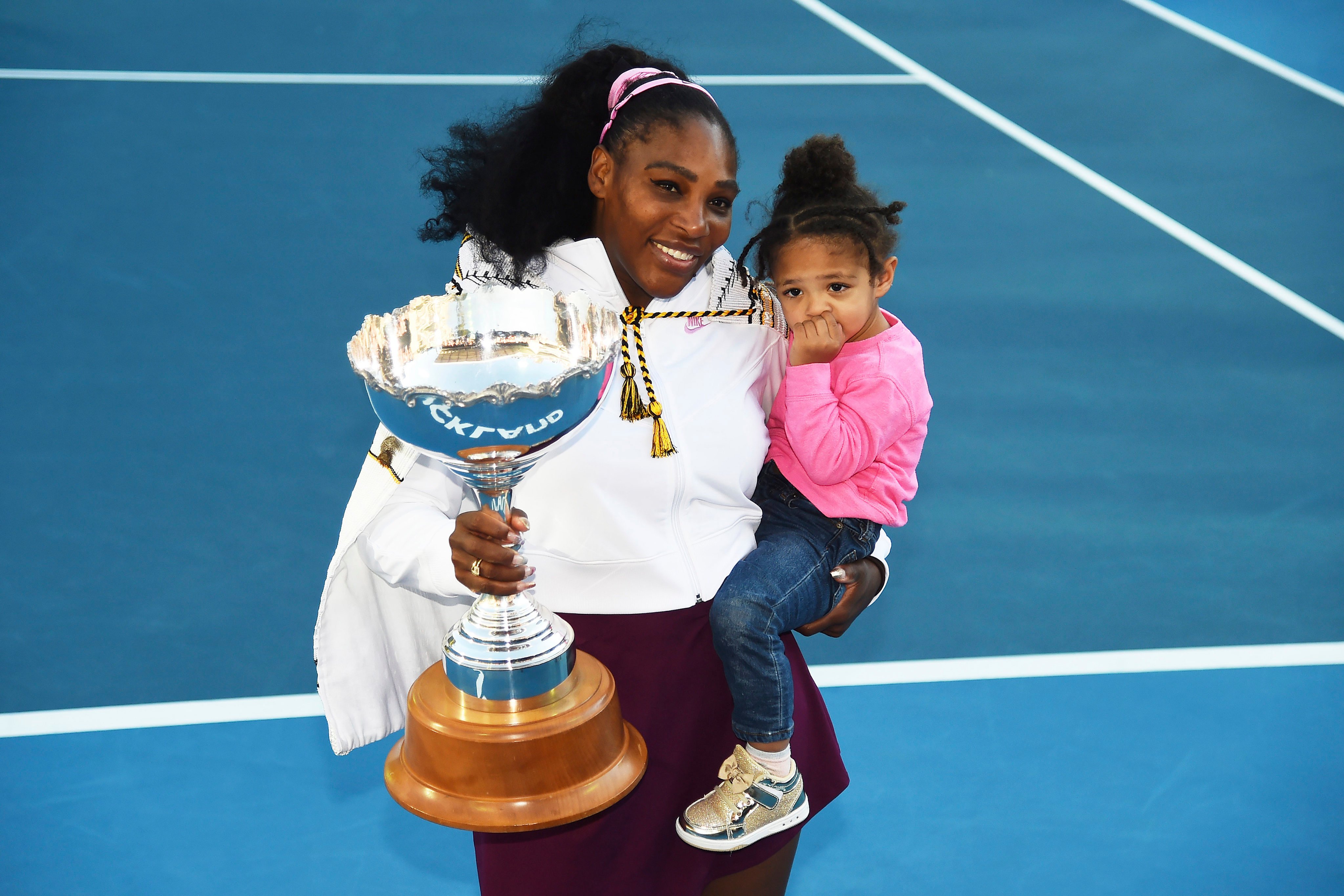 Serena Williams, pictured with her daughter Alexis Olympia Ohanian Jr. after the ASB Classic in Auckland, New Zealand, in January 2020, has said she is ready to step away from tennis after winning 23 grand slam titles, turning her focus to having another child and her business interests. Photo: Photosport via AP