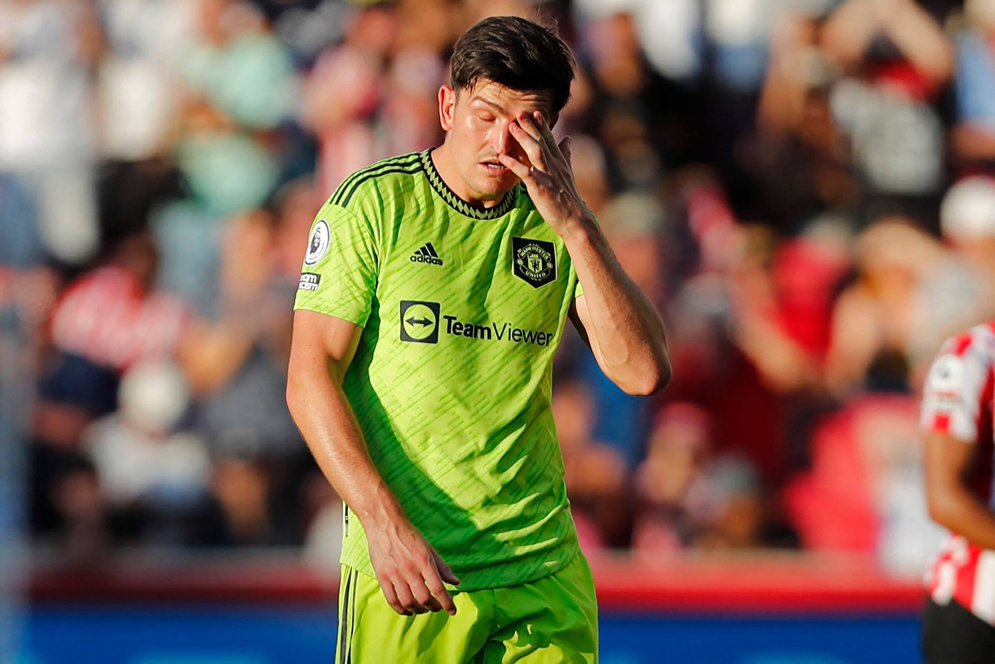 Manchester United defender Harry Maguire reacts during their 4-0 defeat at Brentford. Photo: AFP