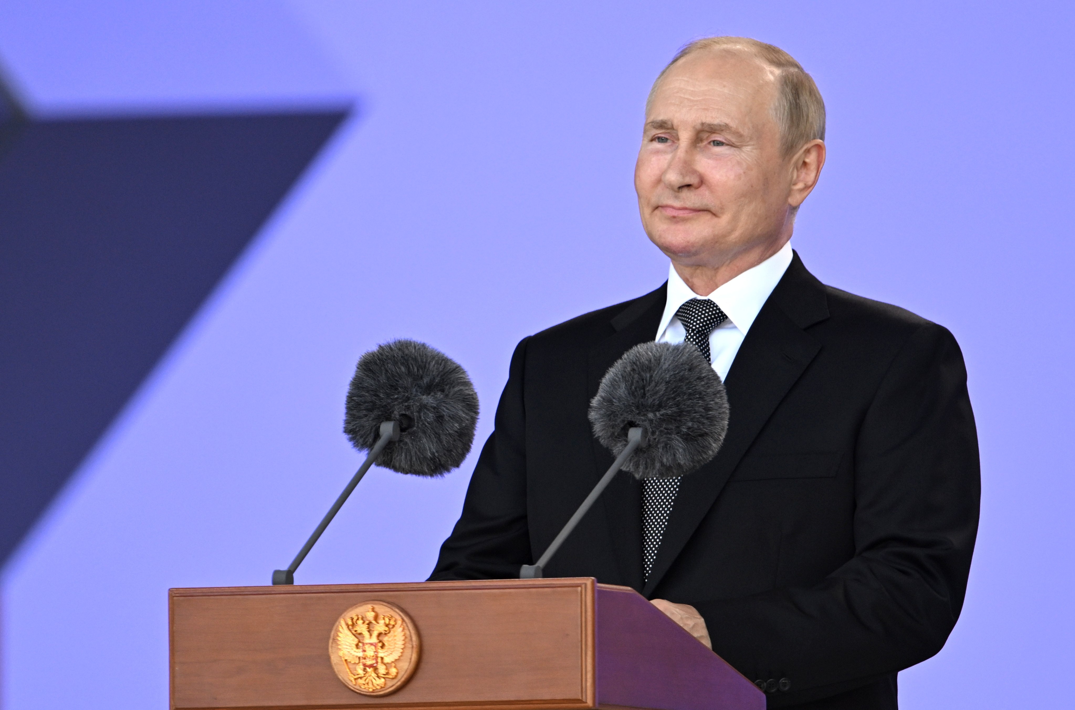 Russian President Vladimir Putin speaks at an event in Kubinka, Russia, on August 14. Photo: EPA-EFE/Kremlin Pool