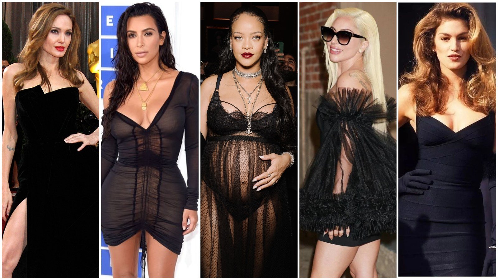 Angelina Jolie, Kim Kardashian, Rihanna, Lady Gaga and Cindy Crawford all donning chic little black dresses. Photos: Handout; AP; @amorversace, @ladygaganownet, @KimKLegion/Twitter