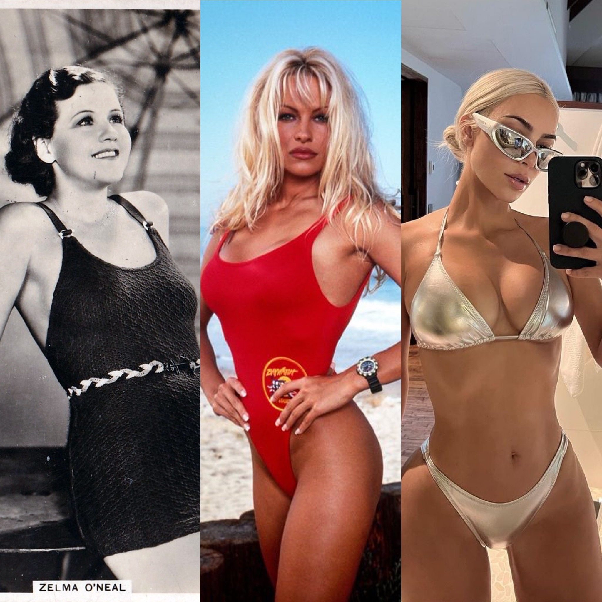 Actress Zelma O’Neal (left) in a 1930s swimsuit, Pamela Anderson (centre) in Baywatch uniform and Kim Kardashian in an Instagram-ready outfit more suited to poolside than the water. Photos: Getty Images/Instagram