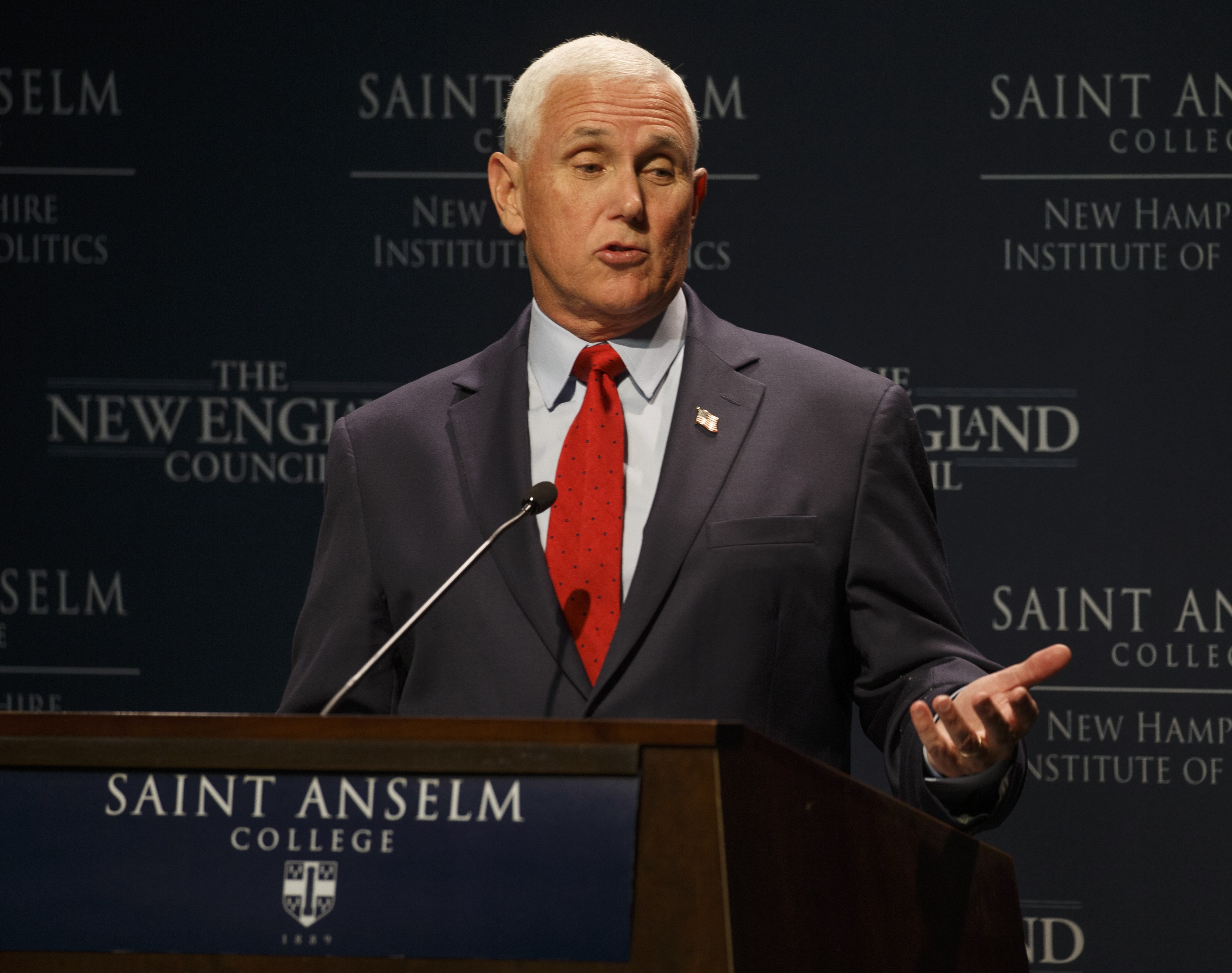 Former US Vice- President Mike Pence addresses an audience during a visit to the ‘Politics and Eggs,’ business gathering of the New Hampshire Institute of Politics on Monday. Photo: EPA-EFE