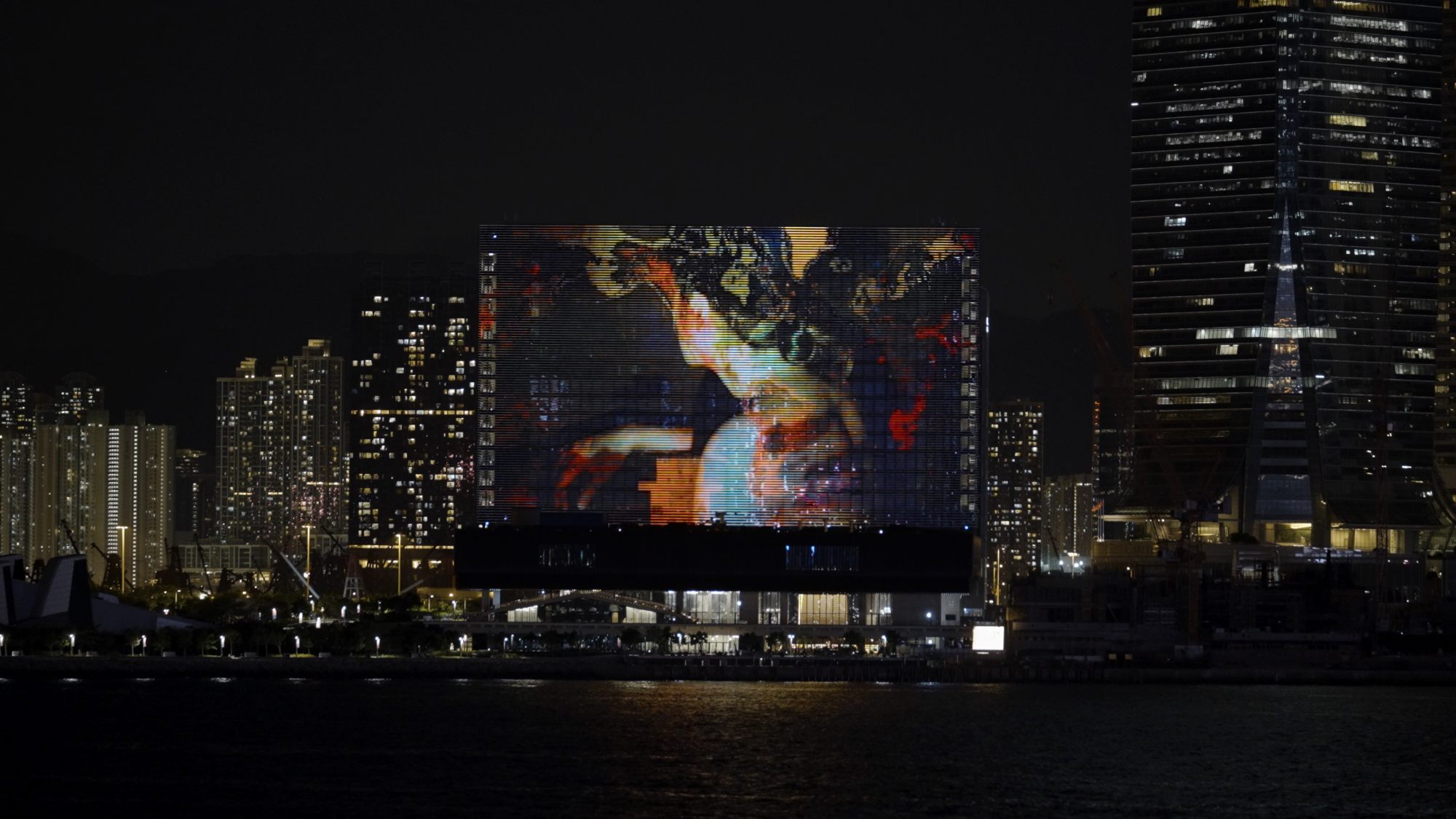 “In Search of Vanished Blood” (2012/22) as shown on the M+ Facade. Photo: Moving Image Studio / Courtesy of Nalini Malani and M+
