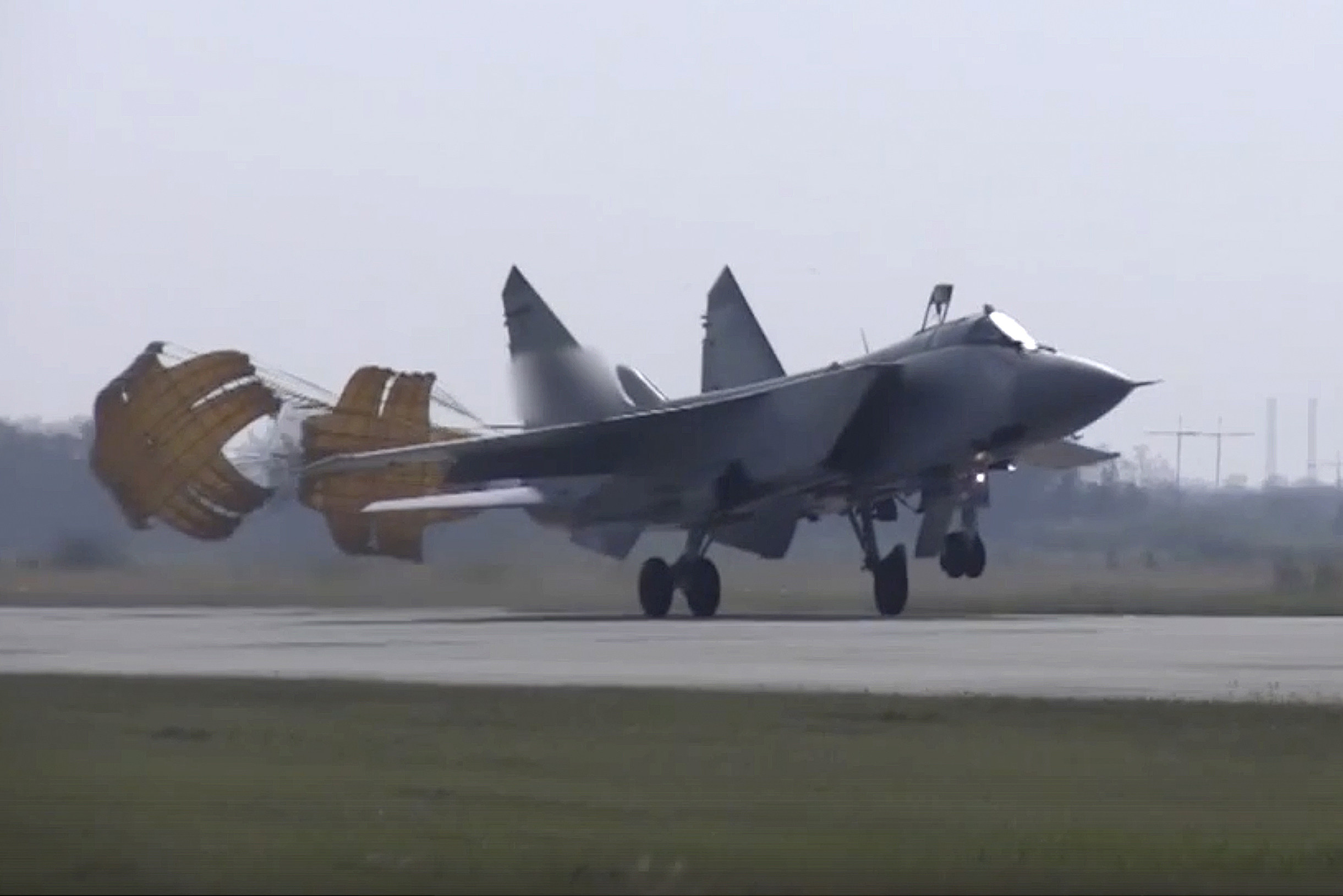 Footage released on Thursday shows a Russian air force MiG-31 warplane landing at the Chkalovsk airbase in the Kaliningrad region. Photo: Russian defence ministry press service via AP