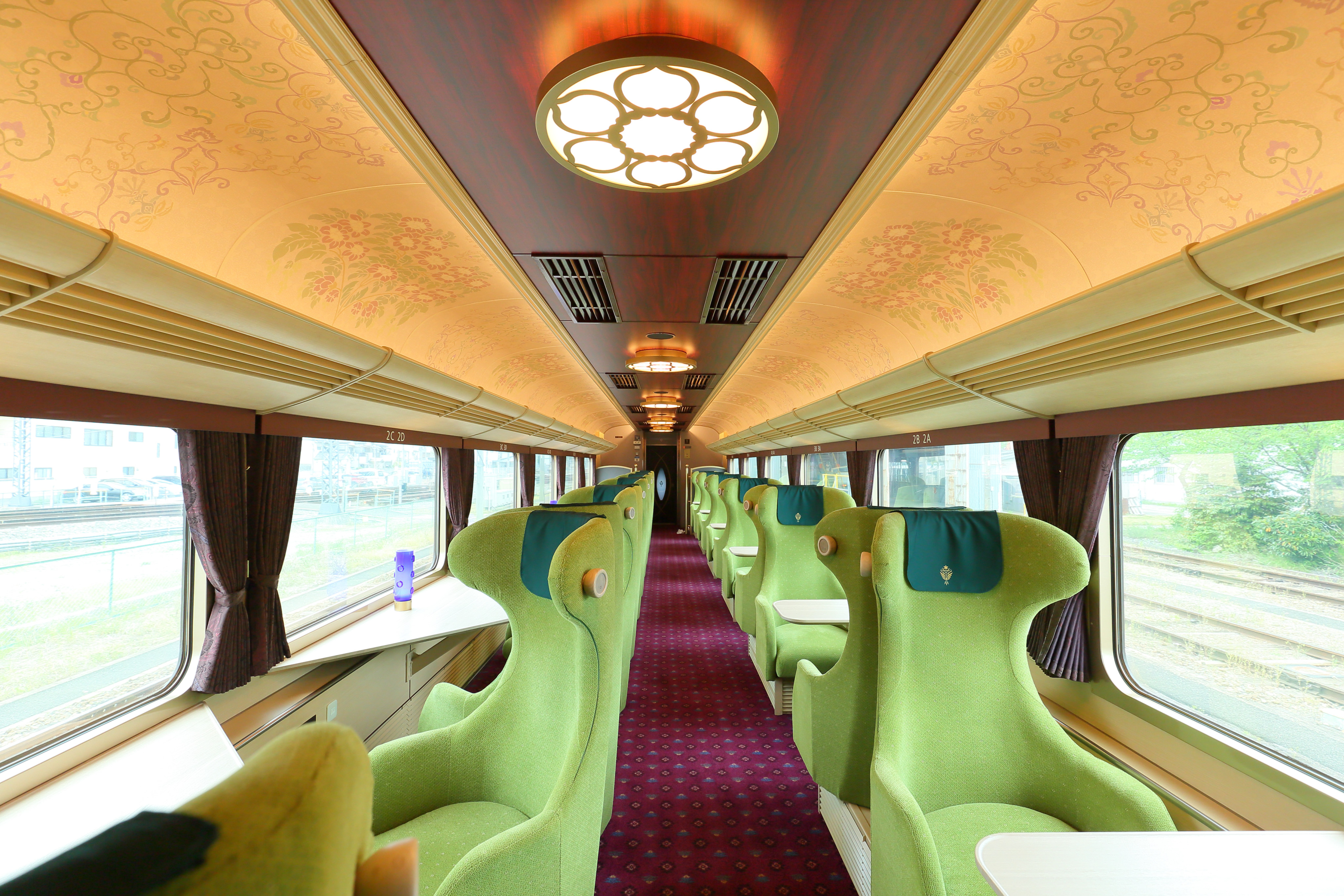 Tenpyo Era patterns decorate the interiors on the Oniyoshi Sightseeing Limited Express. Photo: Kintetsu Railway