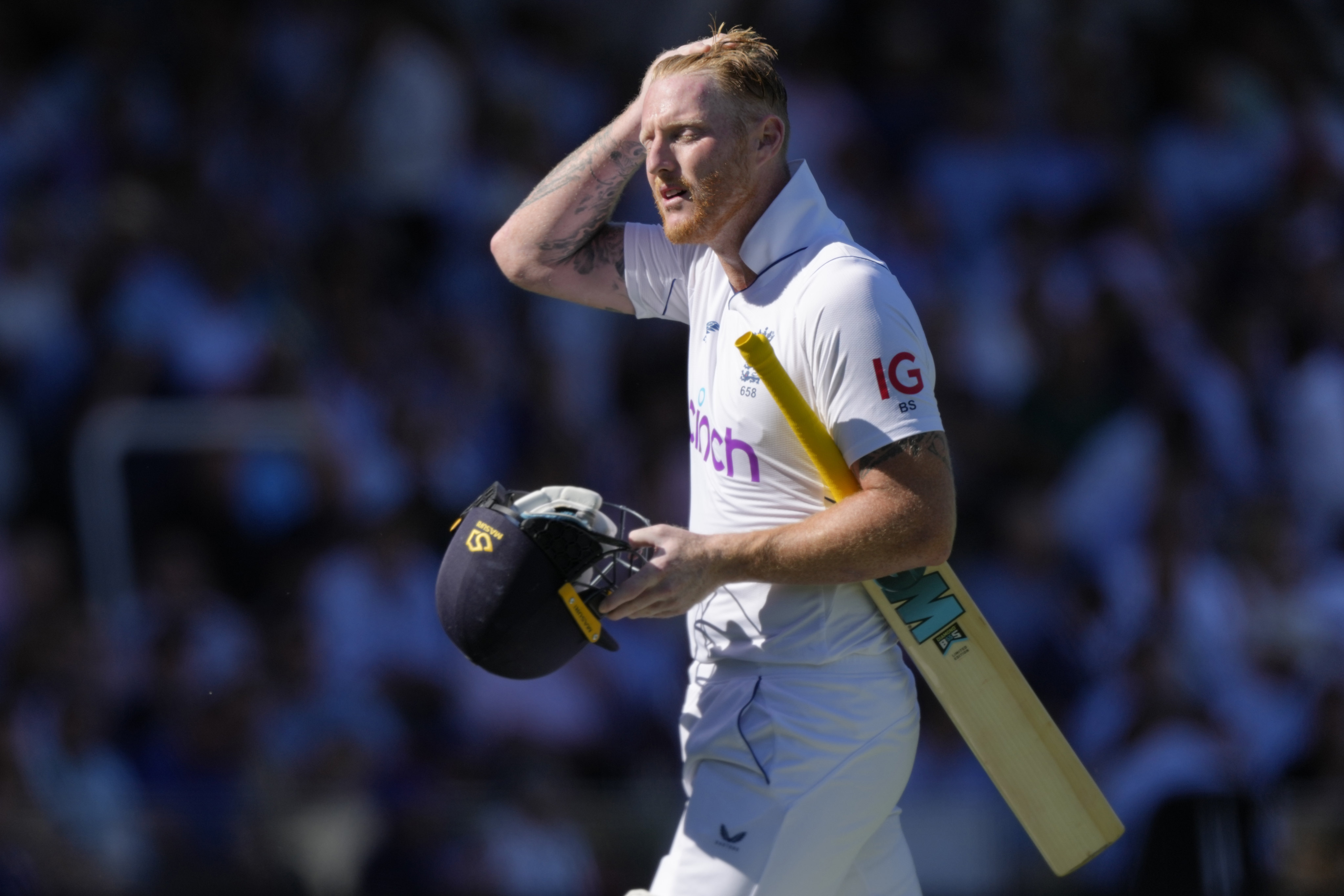 England captain Ben Stokes returns to the dressing room on Friday after his dismissal during the test match with South Africa at Lord’s. Photo: AP