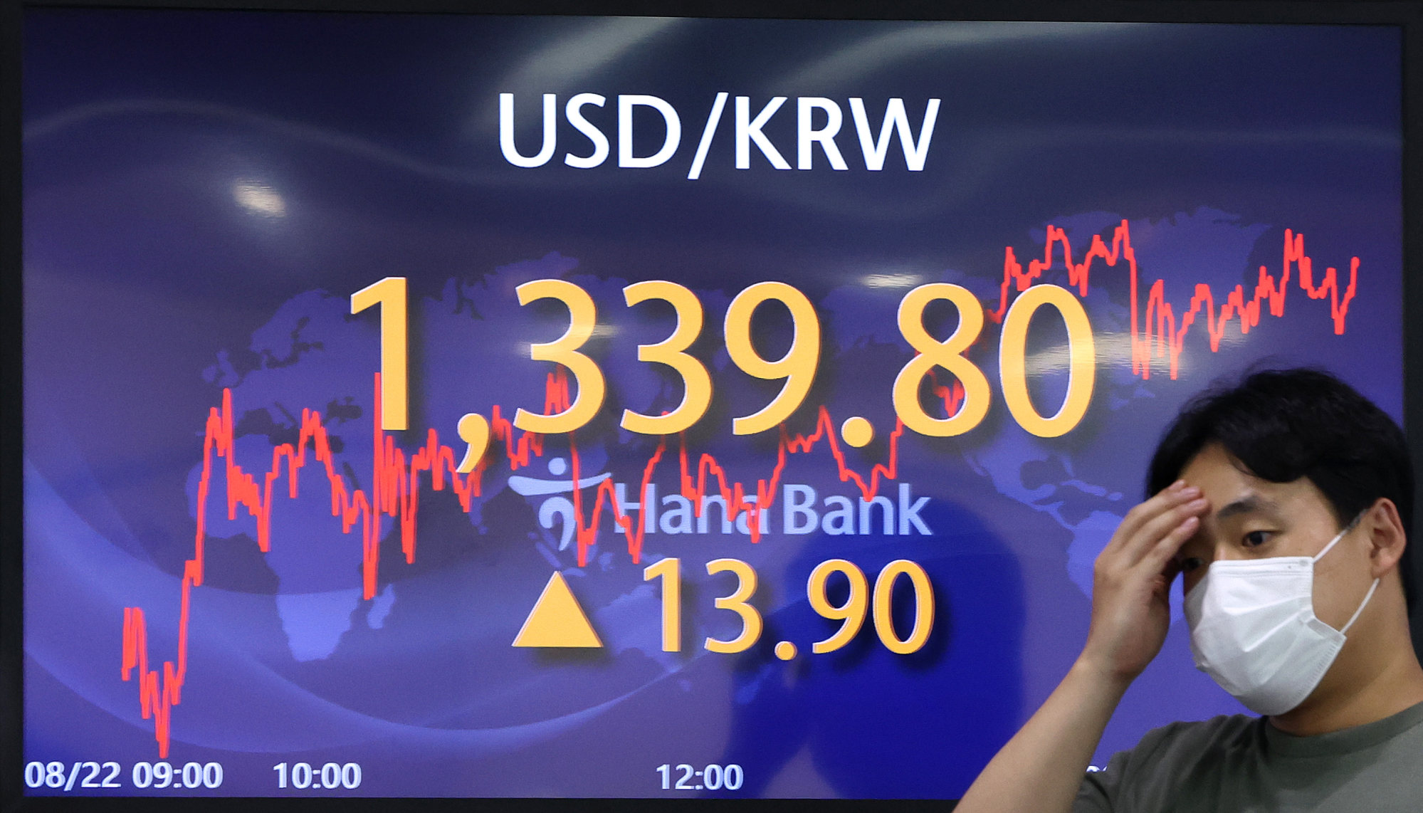 An electronic signboard in the dealing room of Hana Bank in Seoul showing the strengthening US dollar against the Korean won on August 22, 2022. Photo: YNA/dpa