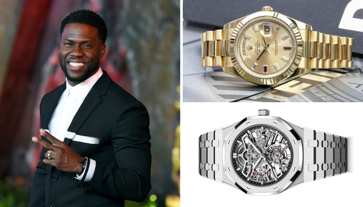 Actor and comedian Kevin Hart has an impressive luxury watch collection including Rolex Day Date II and the Audemars Piguet Royal Oak Selfwinding Flying Tourbillon Openworked. Photos: AP, @neilsenandco, @chronopeace/Instagram
