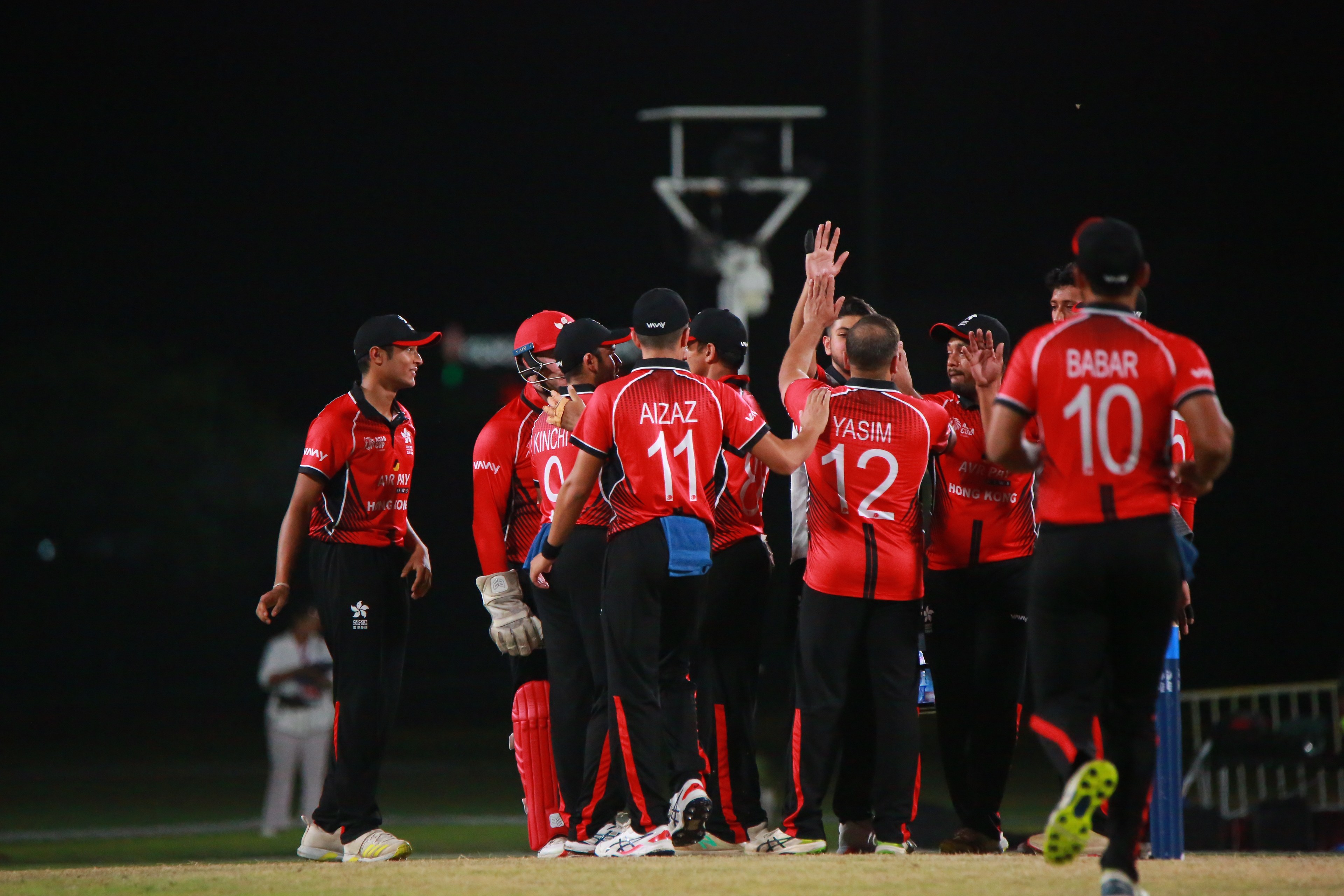 Hong Kong’s players celebrate as they book their place in the 2022 Asia Cup. Photo: Asian Cricket