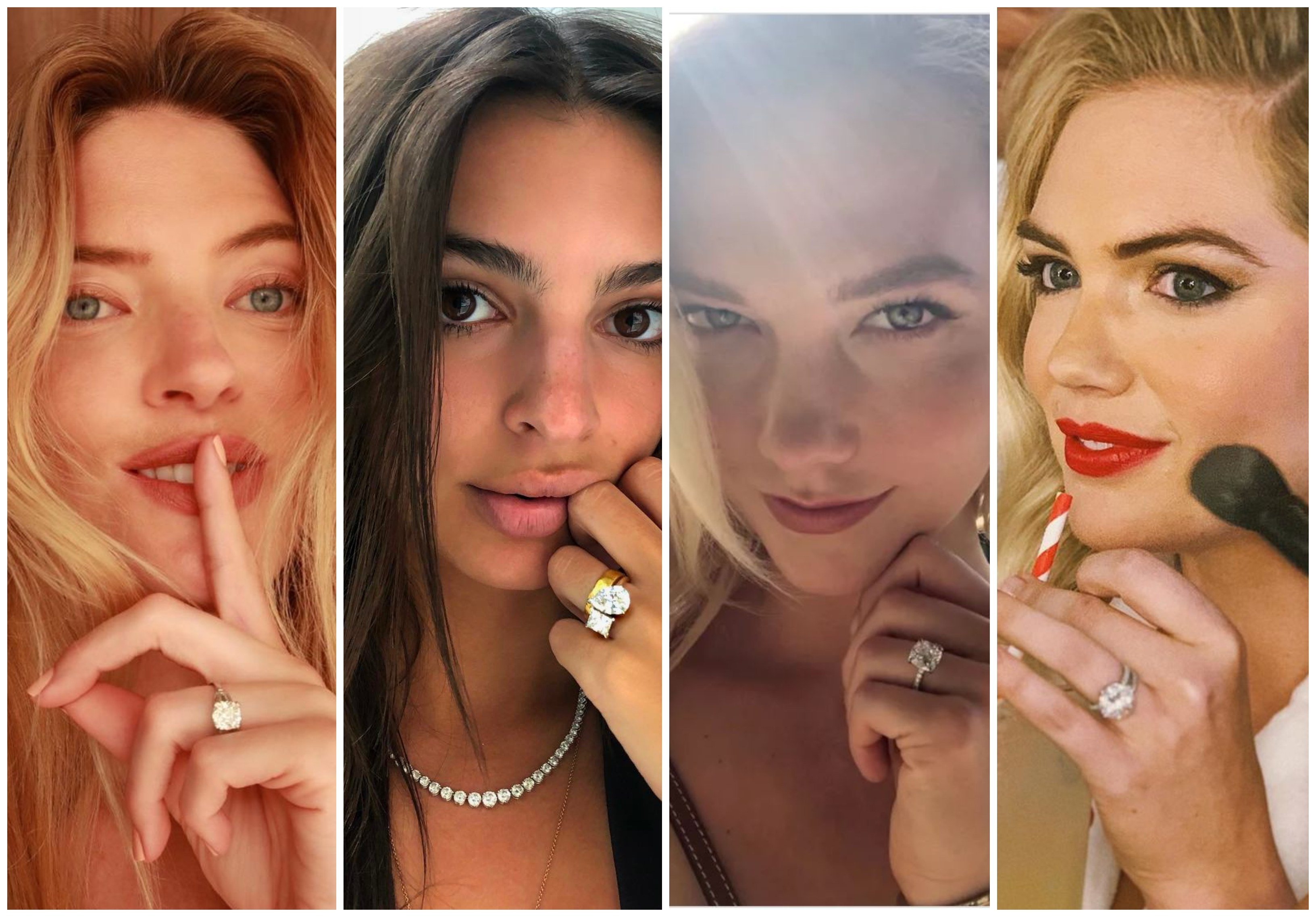 Angel Martha Hunt, Emily Ratajkowski, Karlie Kloss and Kate Upton all share their engagement ring bling on the ‘gram. Photos: @marthahunt, @emrata, @kateupton/Instagram; Karlie Kloss/Twitter