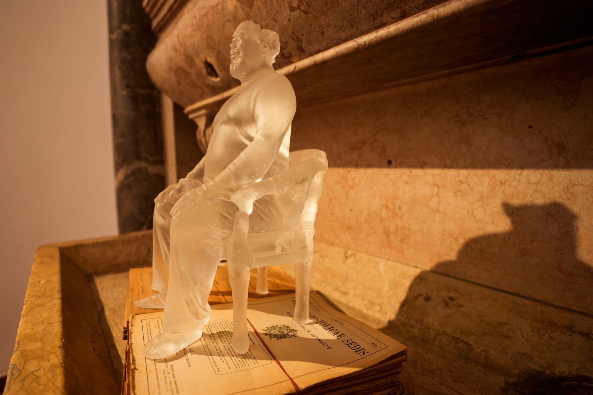A glass self-portrait created by Chinese artist Ai Weiwei at the San Giorgio deconsecrated church in Venice, Italy on Friday. Photo: AP