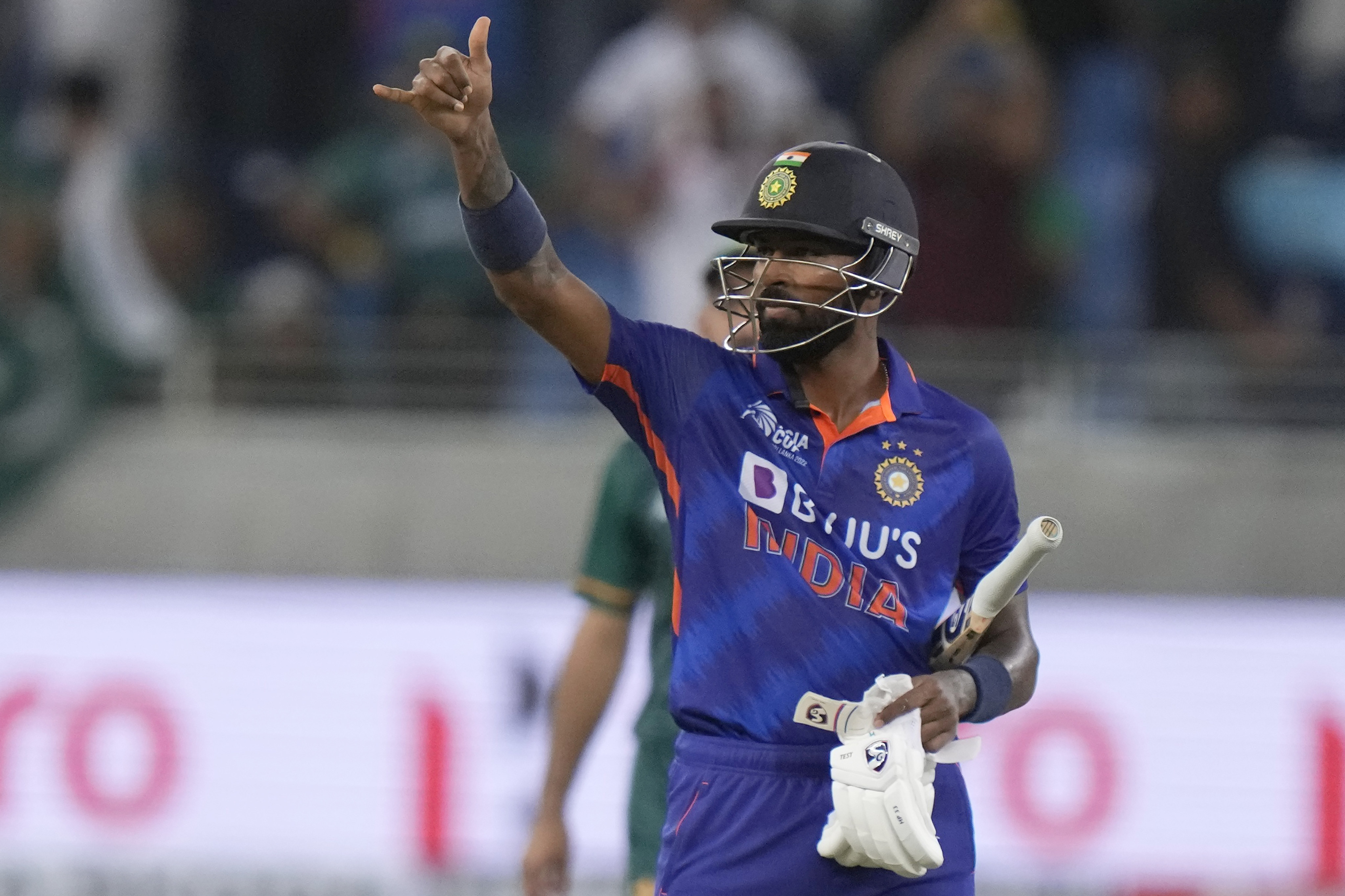 India’s Hardik Pandya gestures after hitting the winning boundary against Pakistan in Dubai. Photo: AP