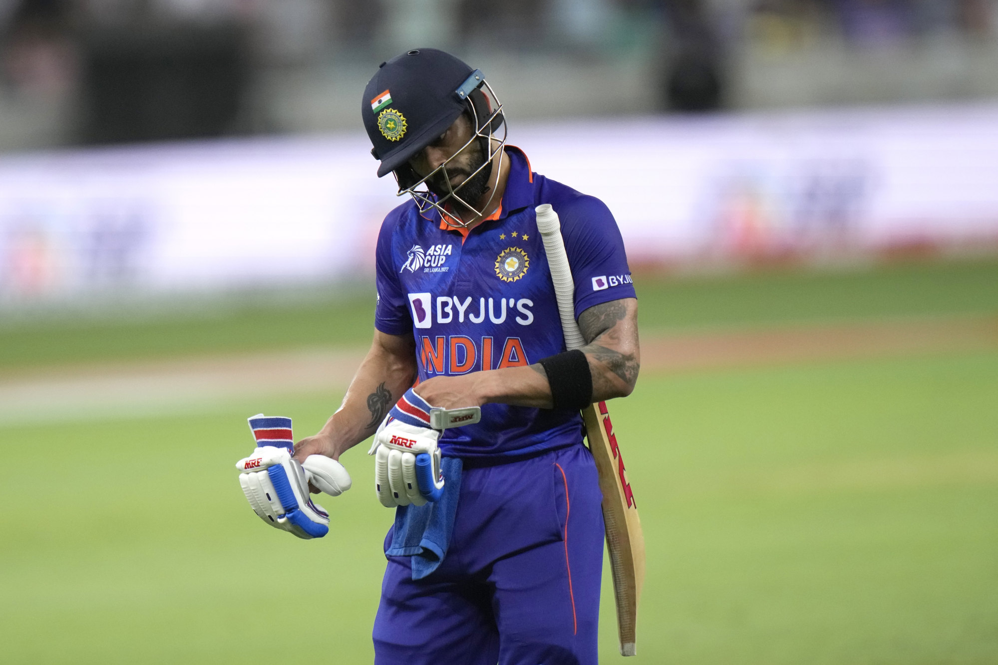 India’s Virat Kohli reacts as he walks off the field after losing his wicket during the T20 Asia Cup match against Pakistan in Dubai. Photo: AP