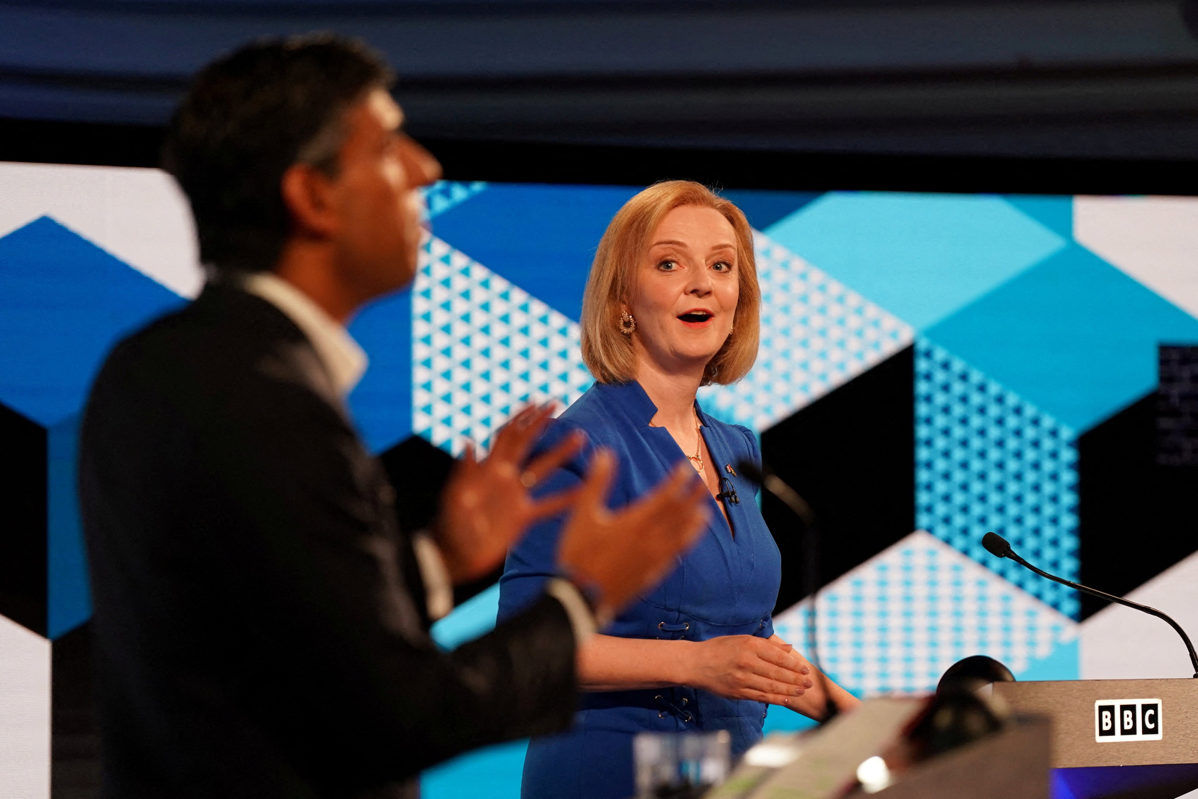 Candidates Rishi Sunak and Liz Truss take part in the BBC Conservative Party leadership debate at Victoria Hall in Hanley, Stoke-on-Trent, Britain, on July 25. Photo: Reuters