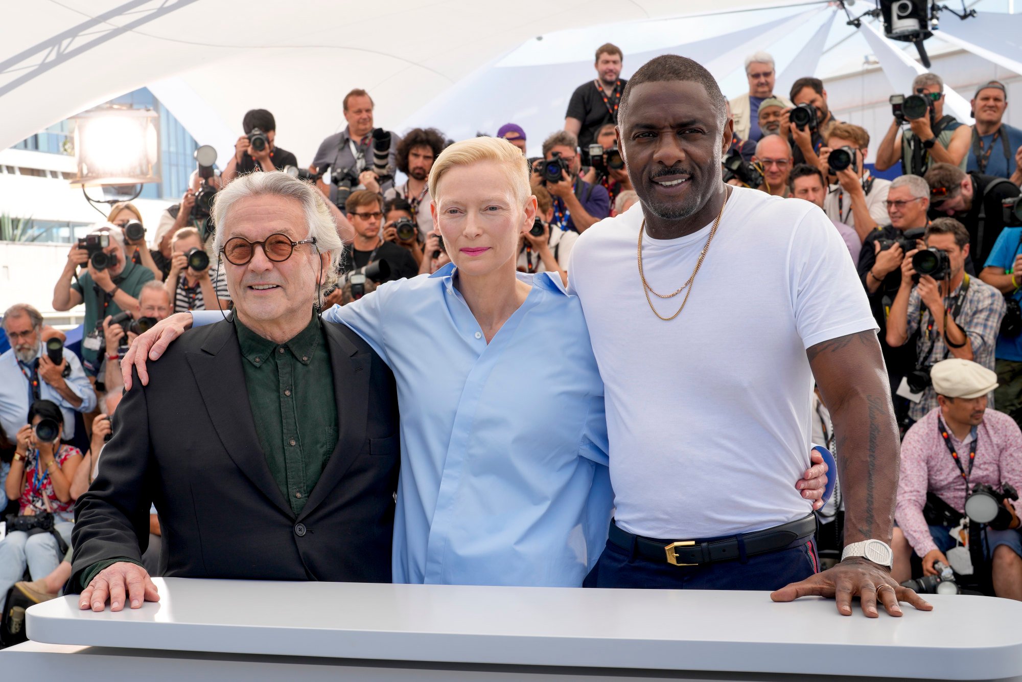 (From left) George Miller, Tilda Swinton and Idris Elba at the premiere of “Three Thousand Years of Longing” at the 2022 Cannes Film Festival. Photo: AP
