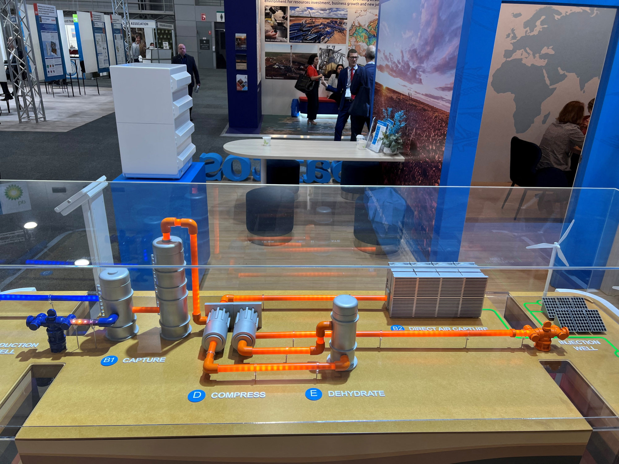 A model of carbon capture and storage designed by Santos is displayed at the Australian Petroleum Production and Exploration Association conference in Brisbane, Australia, on May 18, 2022. Photo: Reuters