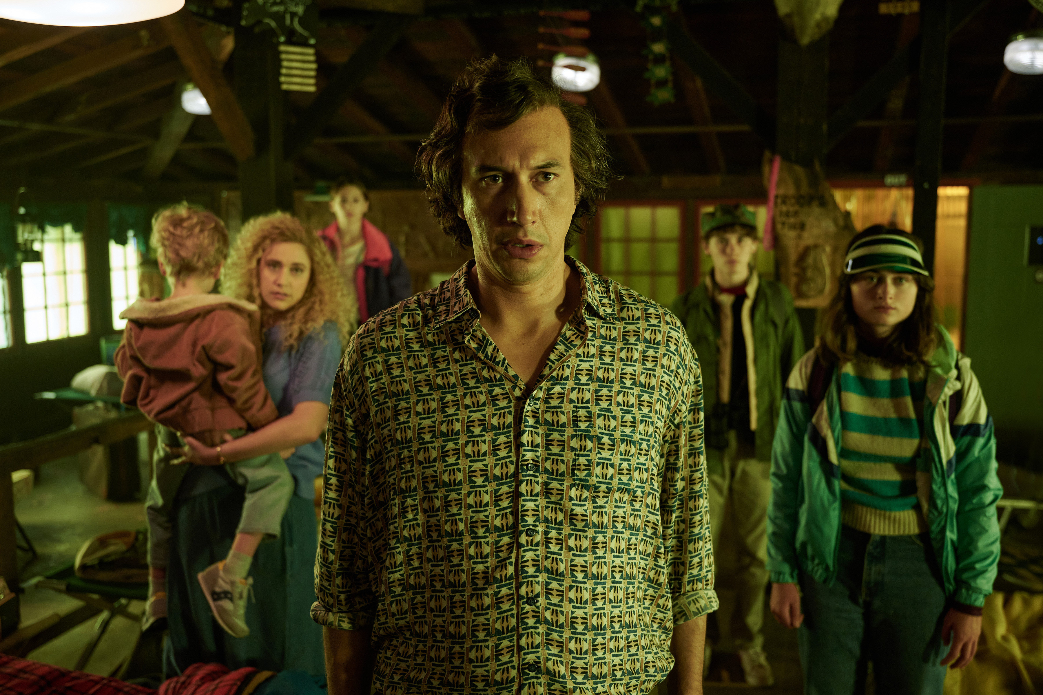 (From left) Greta Gerwig as Babette, May Nivola as Steffie, Adam Driver as Jack, Samuel Nivola as Heinrich and Raffey Cassidy as Denise in a still from White Noise. Photo: Wilson Webb/Netflix