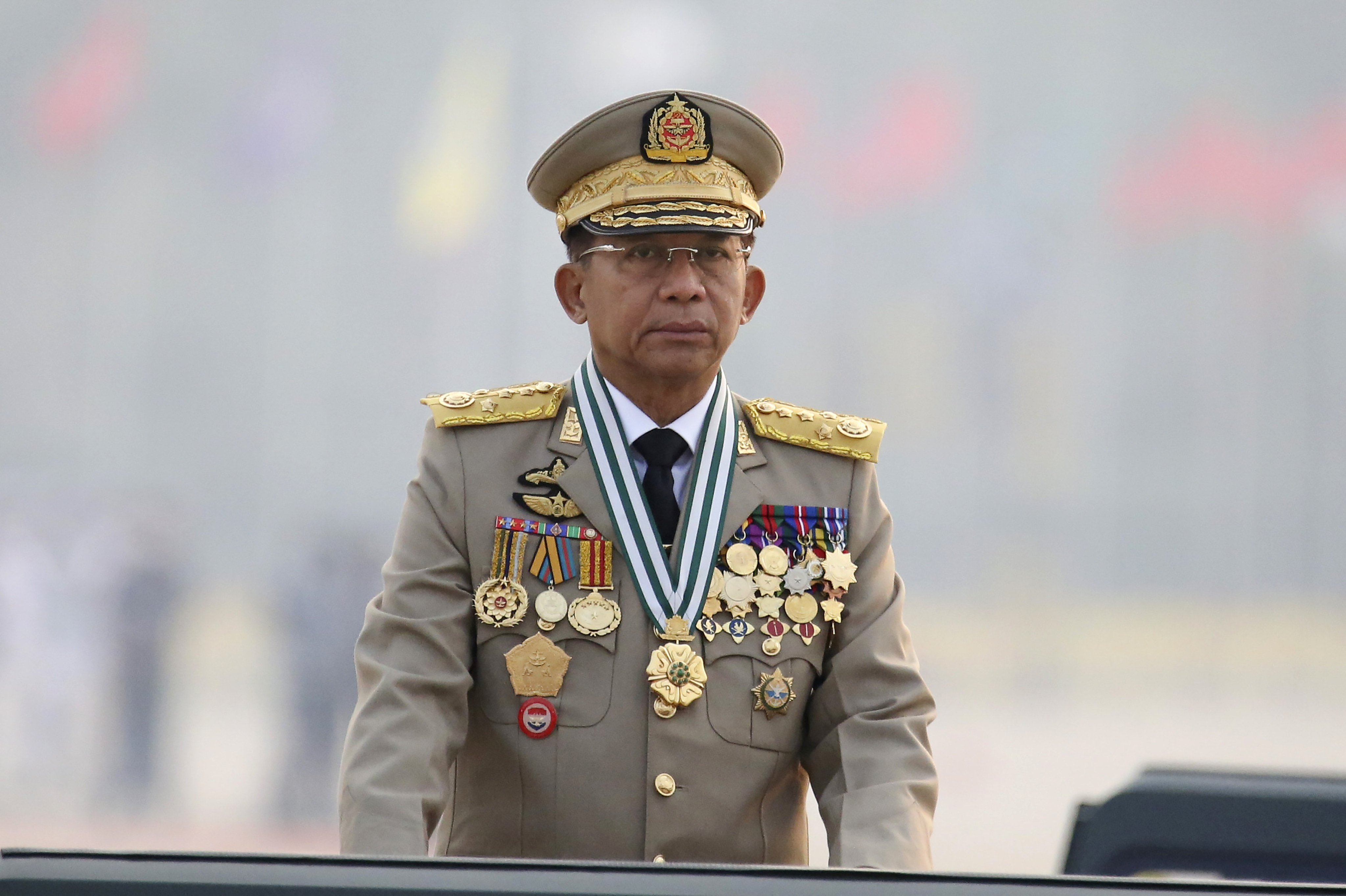 Myanmar’s junta chief, Senior General Min Aung Hlaing, is pictured in Naypyidaw on March 27, 2021. Photo: AP