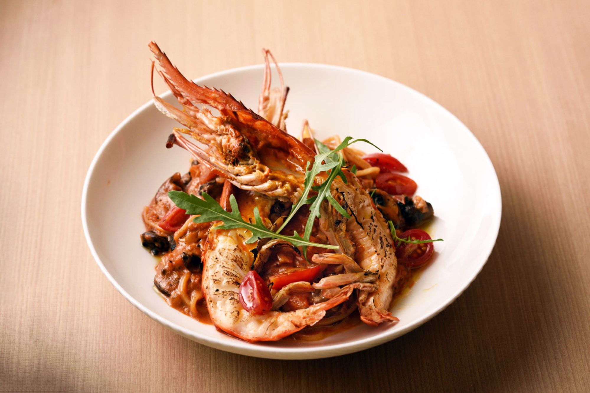 The spaghetti with grilled Vietnamese giant river prawn in lobster cream sauce at Woofy. Photo: Woofy