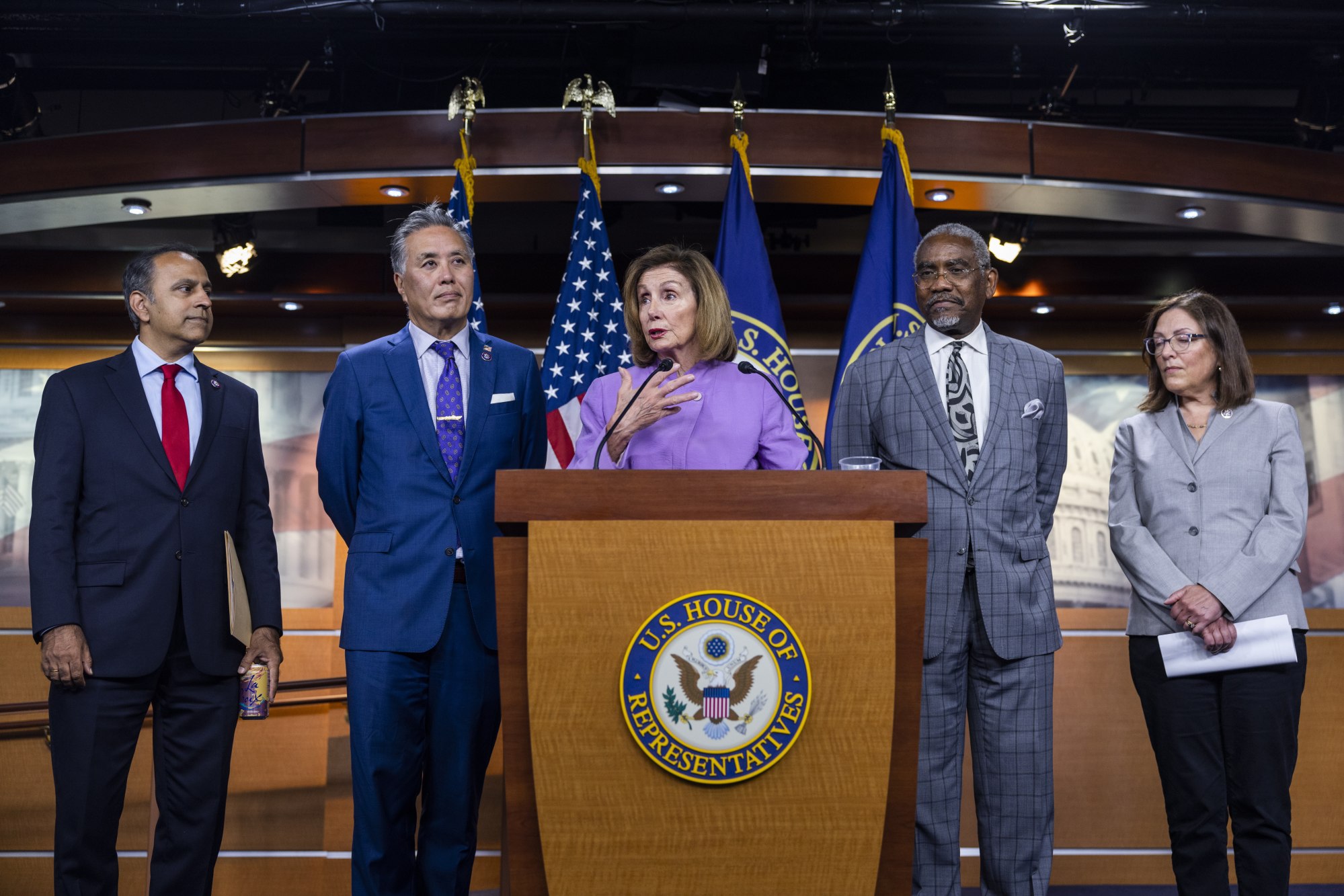 US Speaker of the House Nancy Pelosi (centre), along with the Congressional delegation that travelled to Taiwan, speaks to the media about their trip in the US Capitol in Washington on August 10. Photo: EPA-EFE