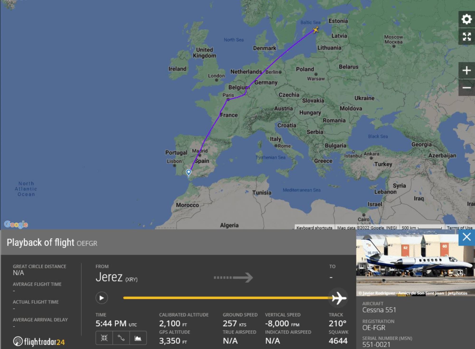 The Austrian-registered Cessna 551 aircraft was flying from Jerez in southern Spain. Photo: FlightRadar24