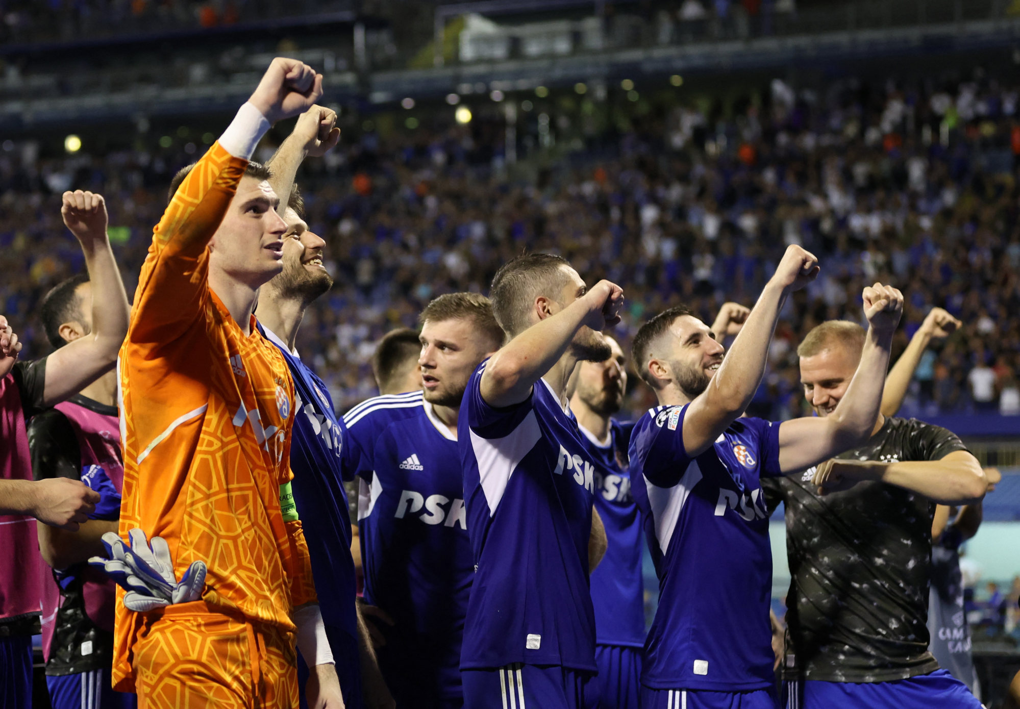 Dinamo Zagreb players celebrate after beating Chelsea. Photo: Reuters