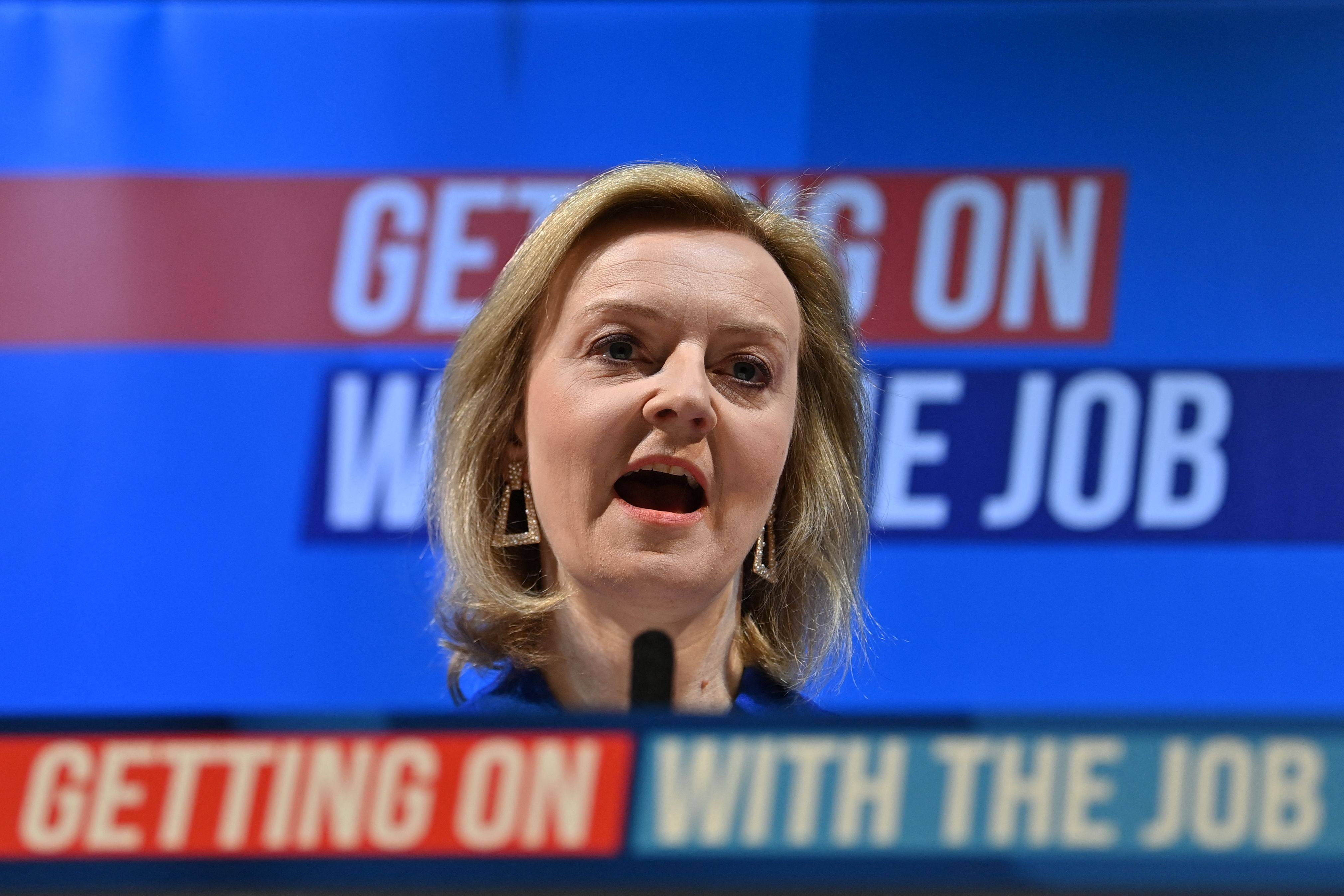 Liz Truss speaks as foreign secretary during the Conservative Party Spring Conference at Blackpool Winter Gardens in Blackpool, northwest England on March 19. Before she became foreign secretary, she was the secretary of state for international trade, the president of the board of trade, and the minister for women and equalities, all at the same time. Photo: AFP