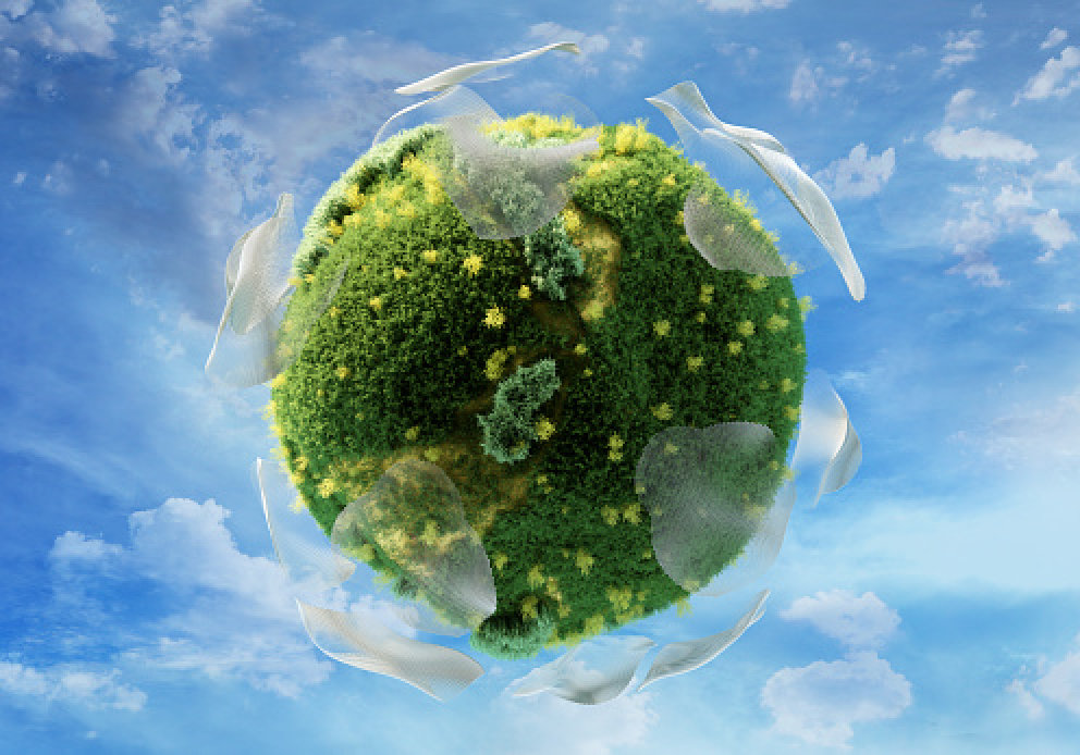 A computer-generated image of a verdant planet surrounded by futuristic solar panels. Is it green to believe earth might look like this one day? Photo: Getty Images