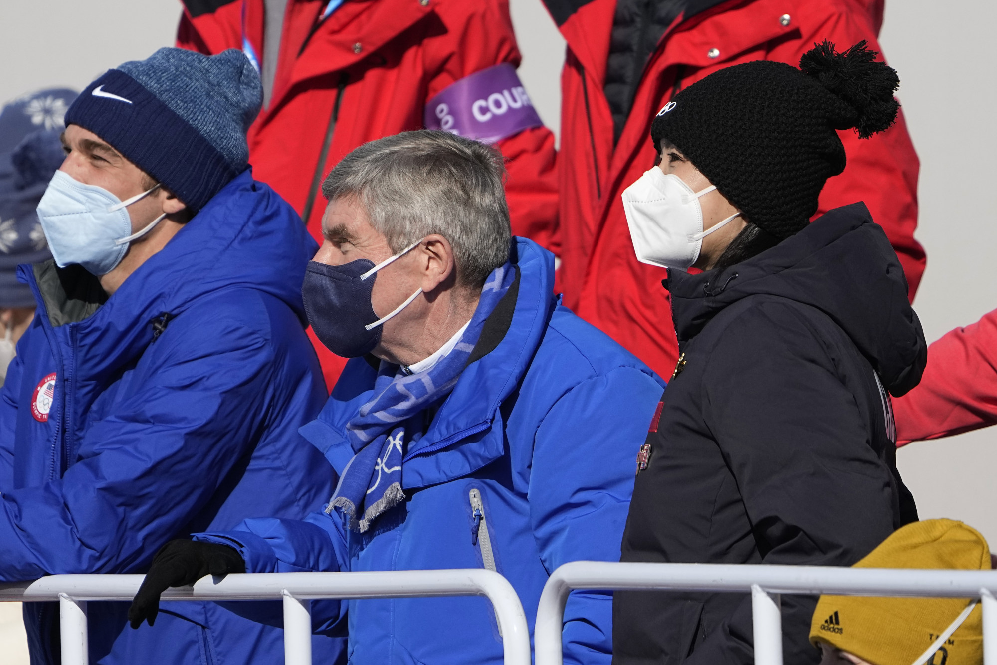 Chinese tennis star Peng Shuai (right) watches the women’s freestyle skiing big air finals with IOC president Thomas Bach at the 2022 Winter Olympics in Beijing. Photo: AP