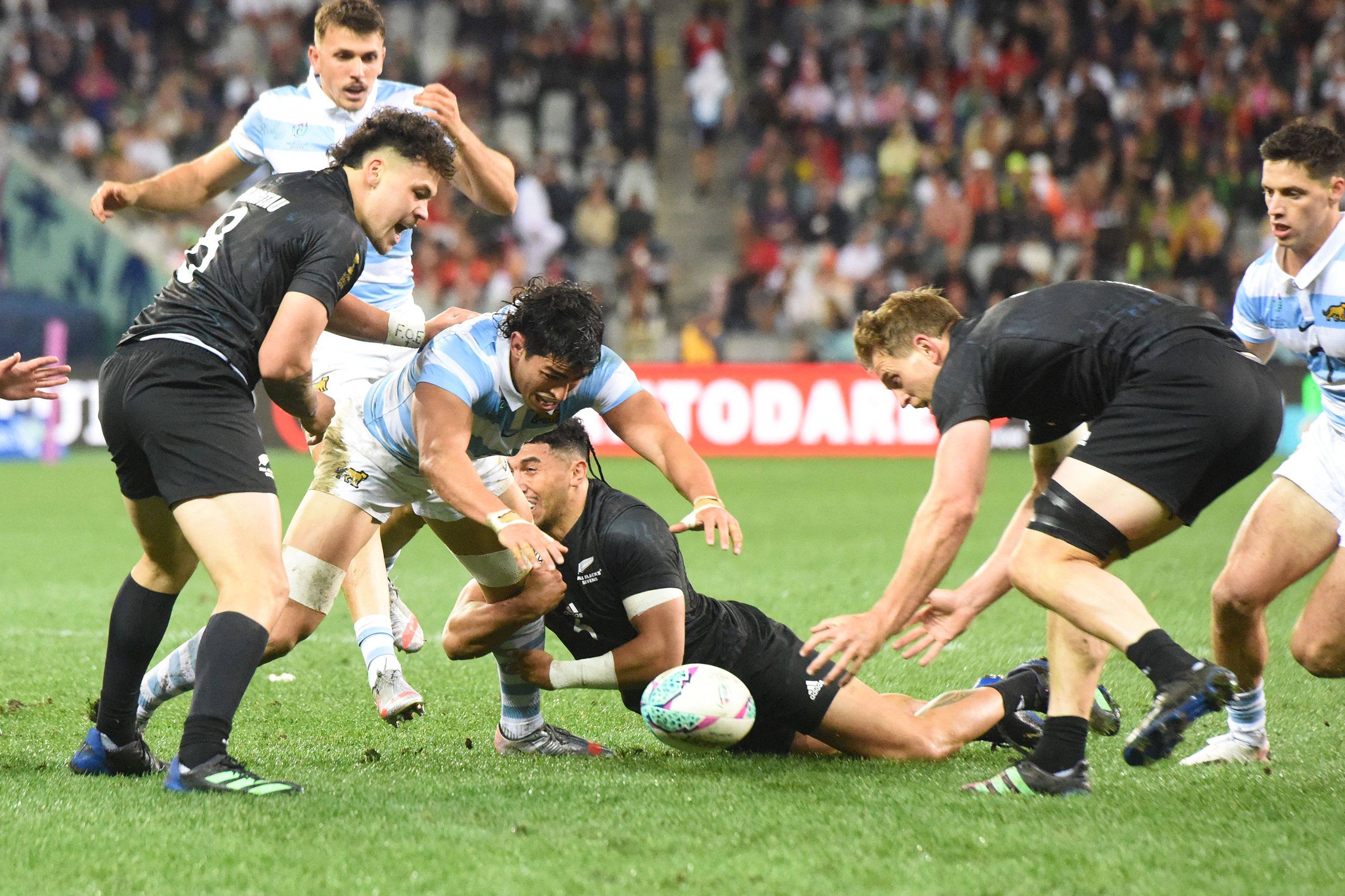 New Zealand’s Ngarohi McGarvey-Black tackles an Argentinian player at the Rugby World Cup Sevens. Photo: AFP