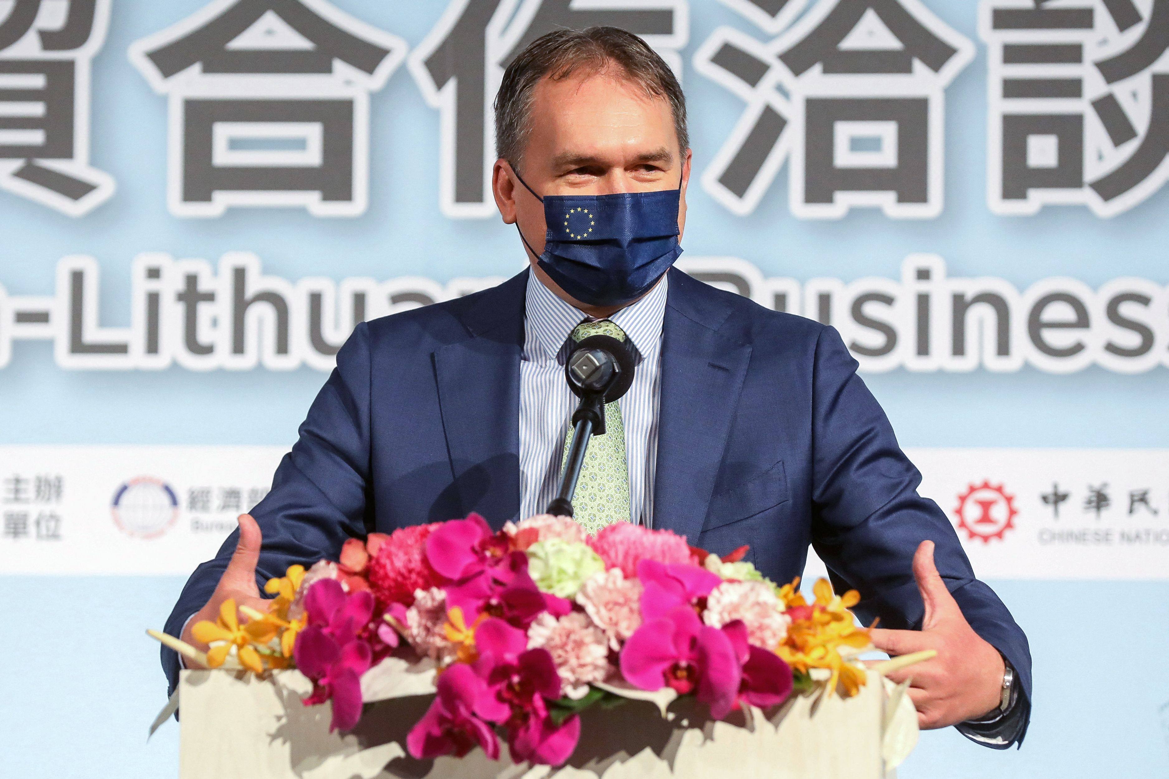 Vilnius’ first representative to Taiwan, Paulius Lukauskas, didn’t comment on the planned opening of a representative office at a trade event in Taipei on Monday. Photo: AFP