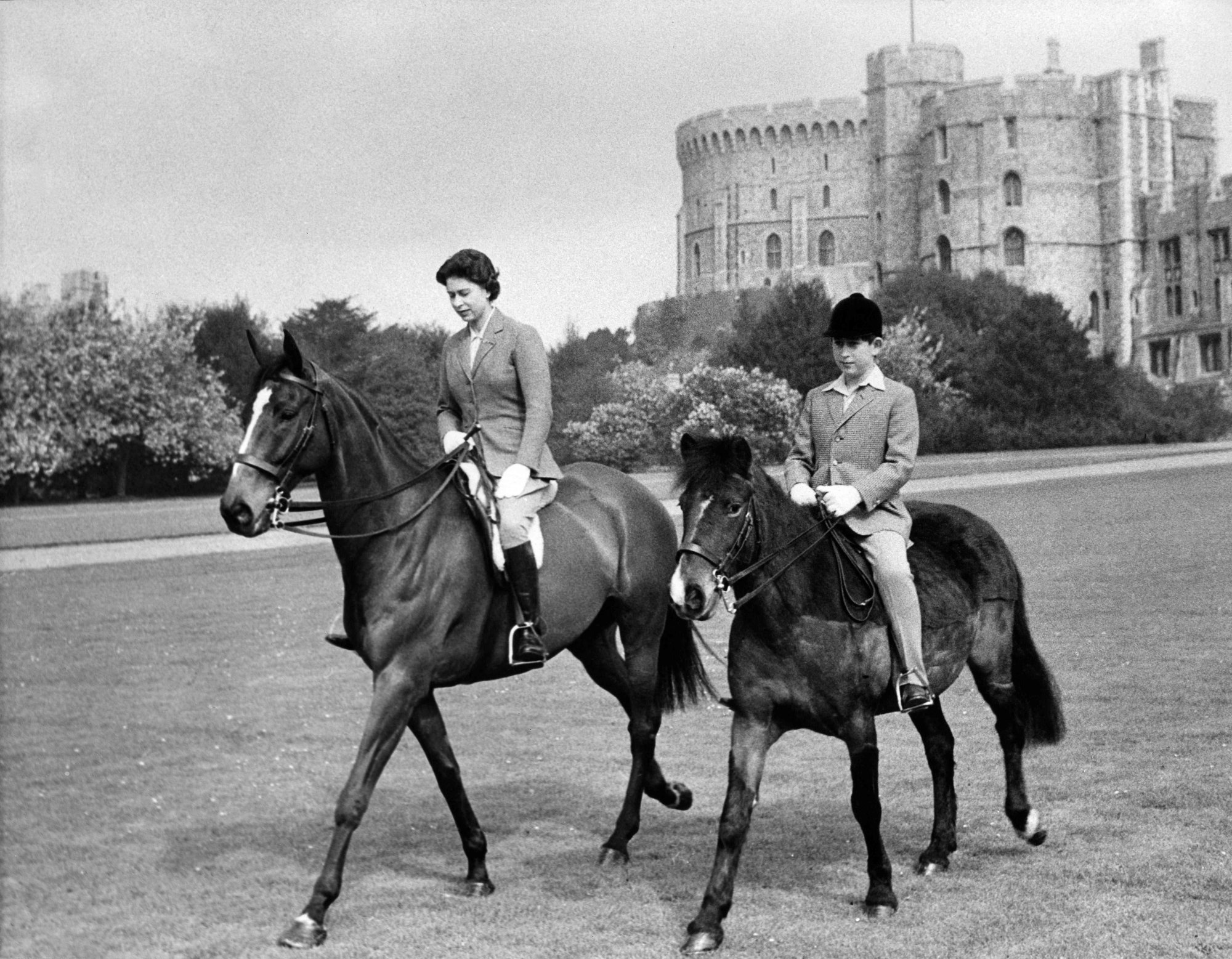 A young Charles and Queen Victoria ride horses in the park of Windsor Castle. Photo: AFP