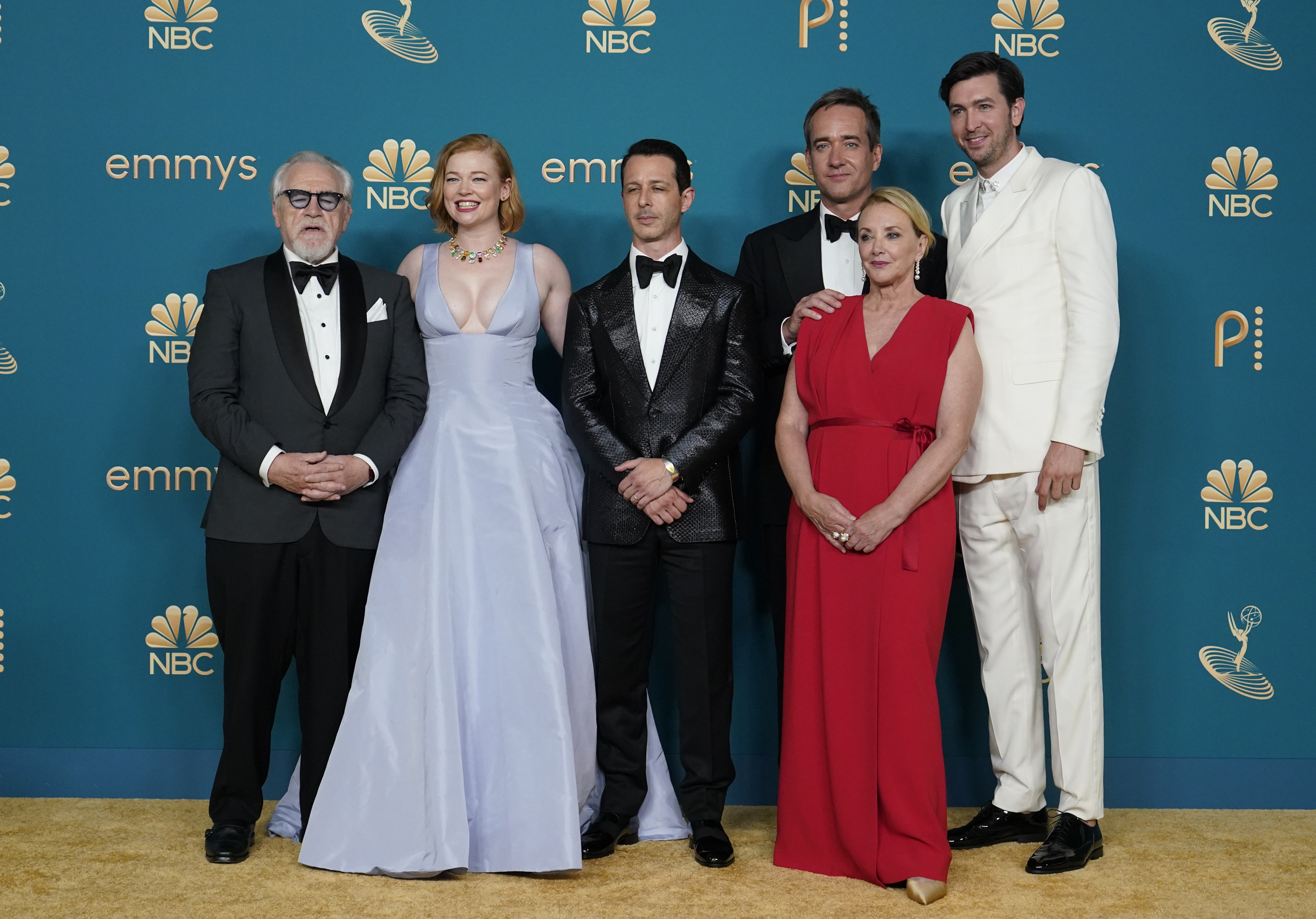 Succession cast members (from left) Brian Cox, Sarah Snook, Jeremy Strong, Matthew Macfadyen, J. Smith-Cameron, and Nicholas Braun. The series won best drama series and Macfadyen best supporting actor in a drama series at the Emmys in Los Angeles on Monday. Photo: AP