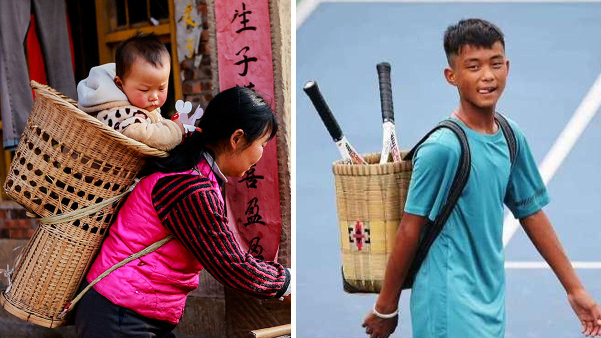 A rising teen tennis star from the Wa ethnic group who carries his racquets in a traditional bamboo basket is a social media darling in China. Photo: SCMP composite